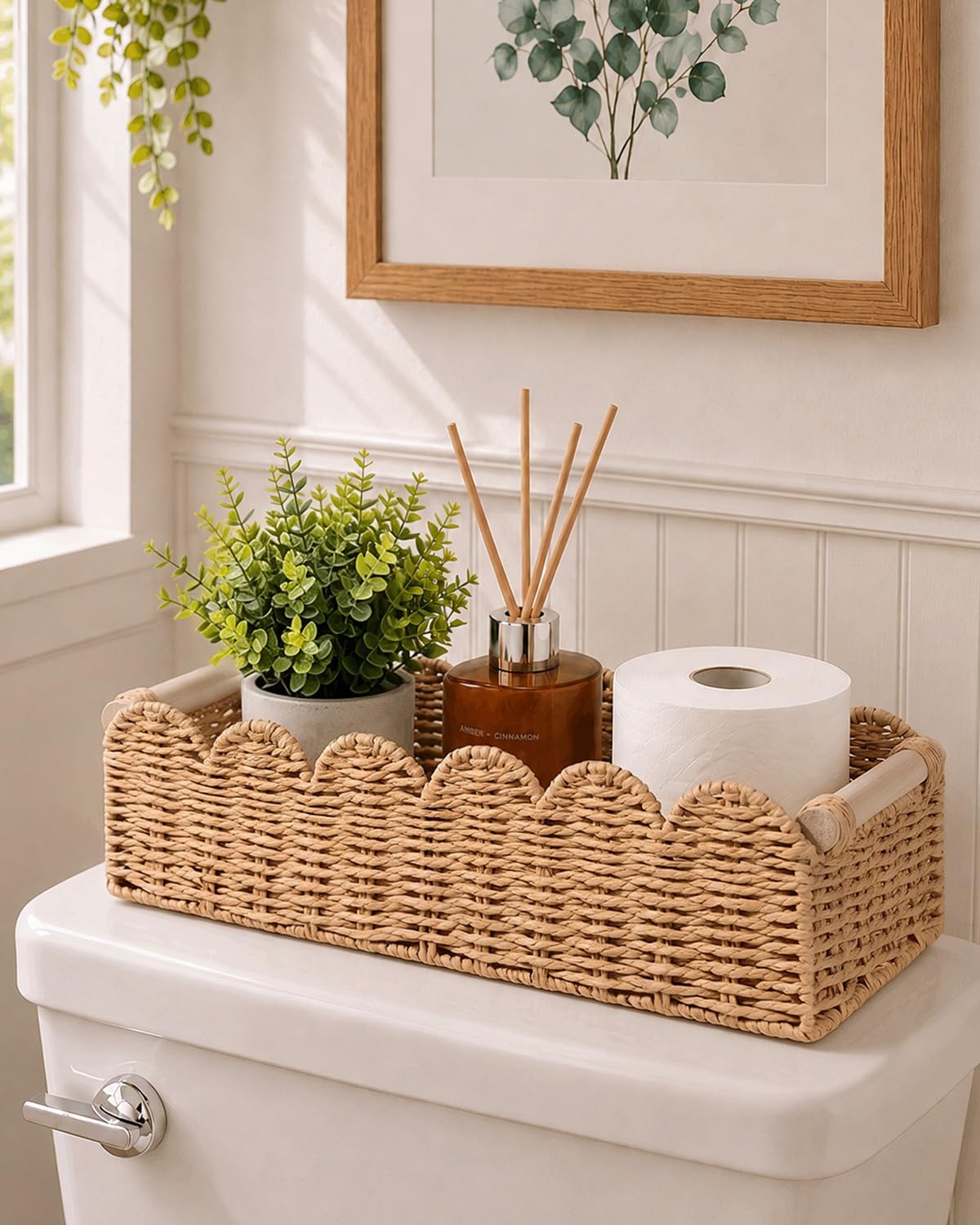 14in Toilet Paper Holder Basket with Eucalyptus Plant for Bathroom Decor