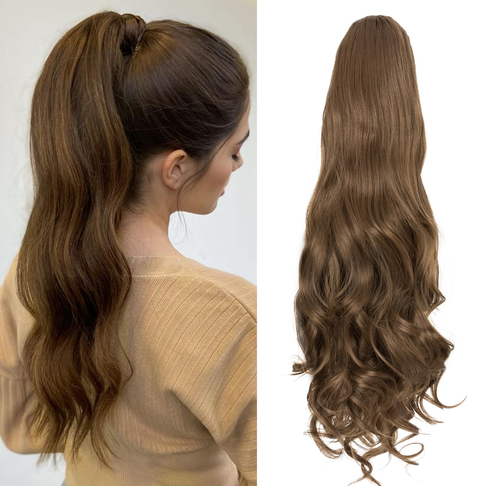 Benehair Ponytail Extensions 24 Inch Long Curly Wavy Drawstring Ponytail Synthetic Clip in Ponytail Hair Extensions Middle Brown Hairpieces for Women(Middle Brown