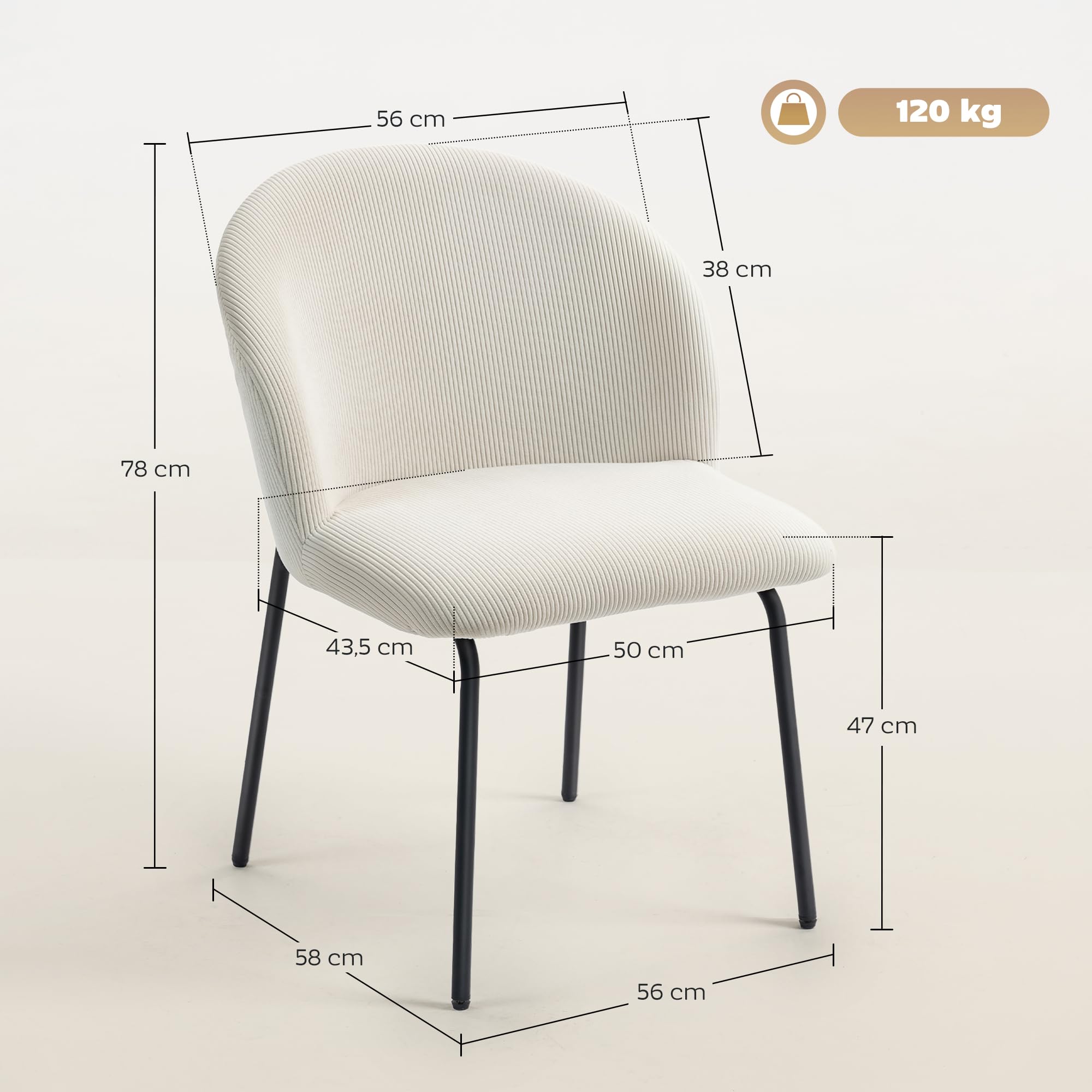 HOMCOM Lot de 2 Chaises de Salle à Manger en Velours Côtelé Cuisine Crème