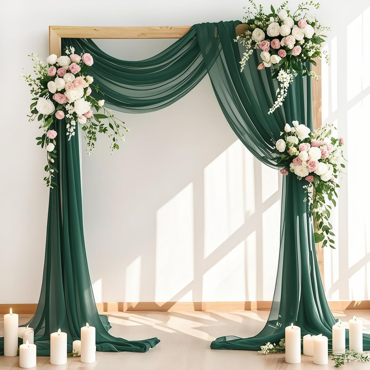 LINXTAR Wedding Arch Draping Fabric 30'' x 18FT Sheer Chiffon Arch Drape Backdrop 2 Panels Emerald Green Drapes for Summer Wedding Bridal Shower Photo
