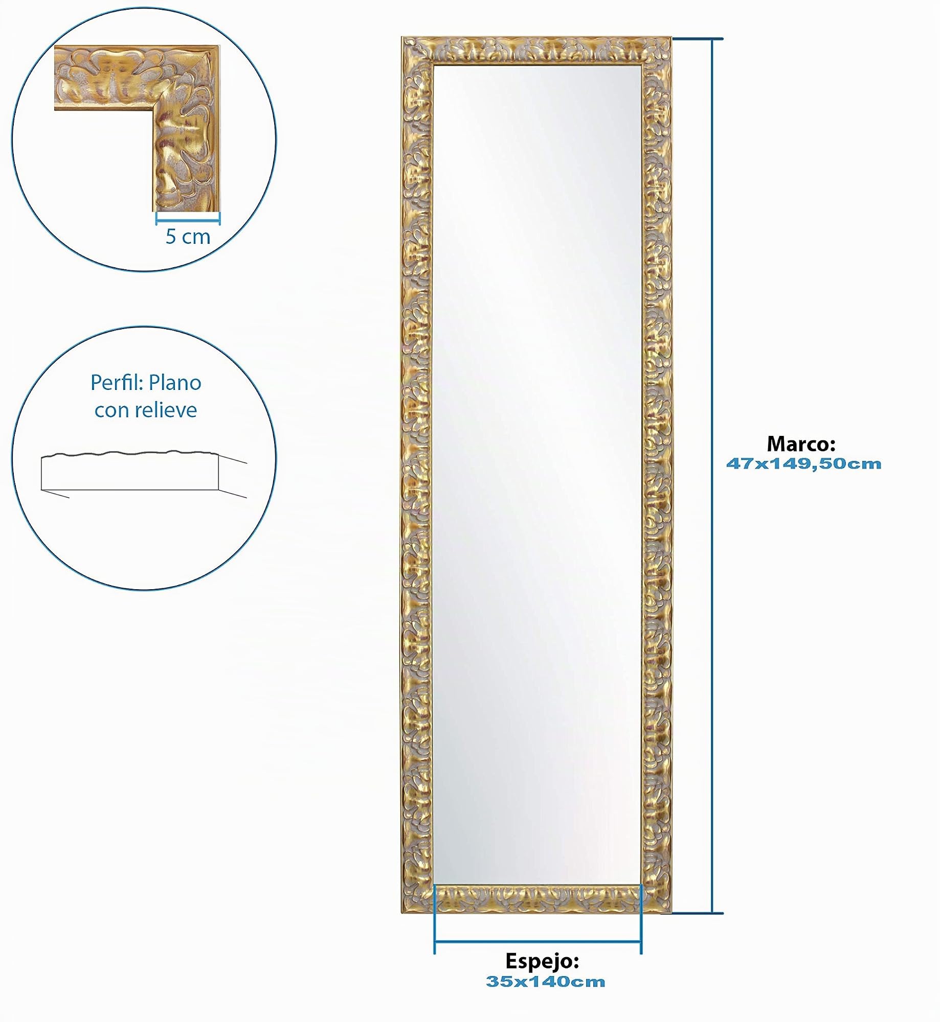 CHELY INTERMARKET MOD149 Espejo De Pared Estilo Clásico Dorado Decorativo Rectangular 35x140 cm Salón Oficina Madera Maciza Fabricado En España Perfil con Relieve Montaje Versátil