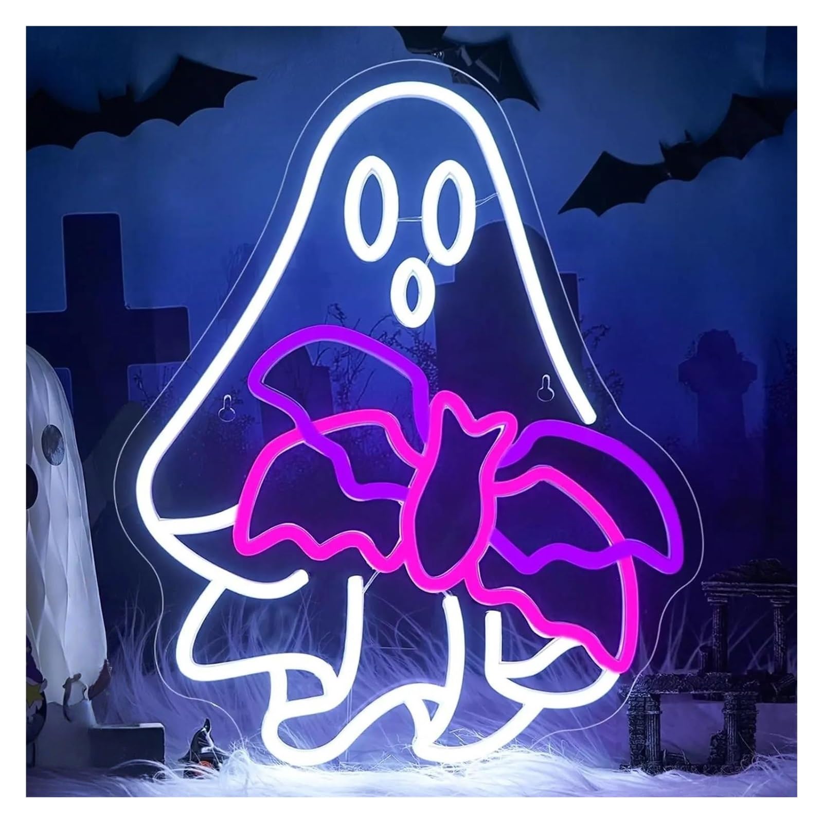 RONGCH Hanging Art Signs Ghost Bat Neon Sign USB Dimmable LED Light for Bar Man Cave Club Party Bedroom Game Room Home Decoration 35cmx28cm(B)