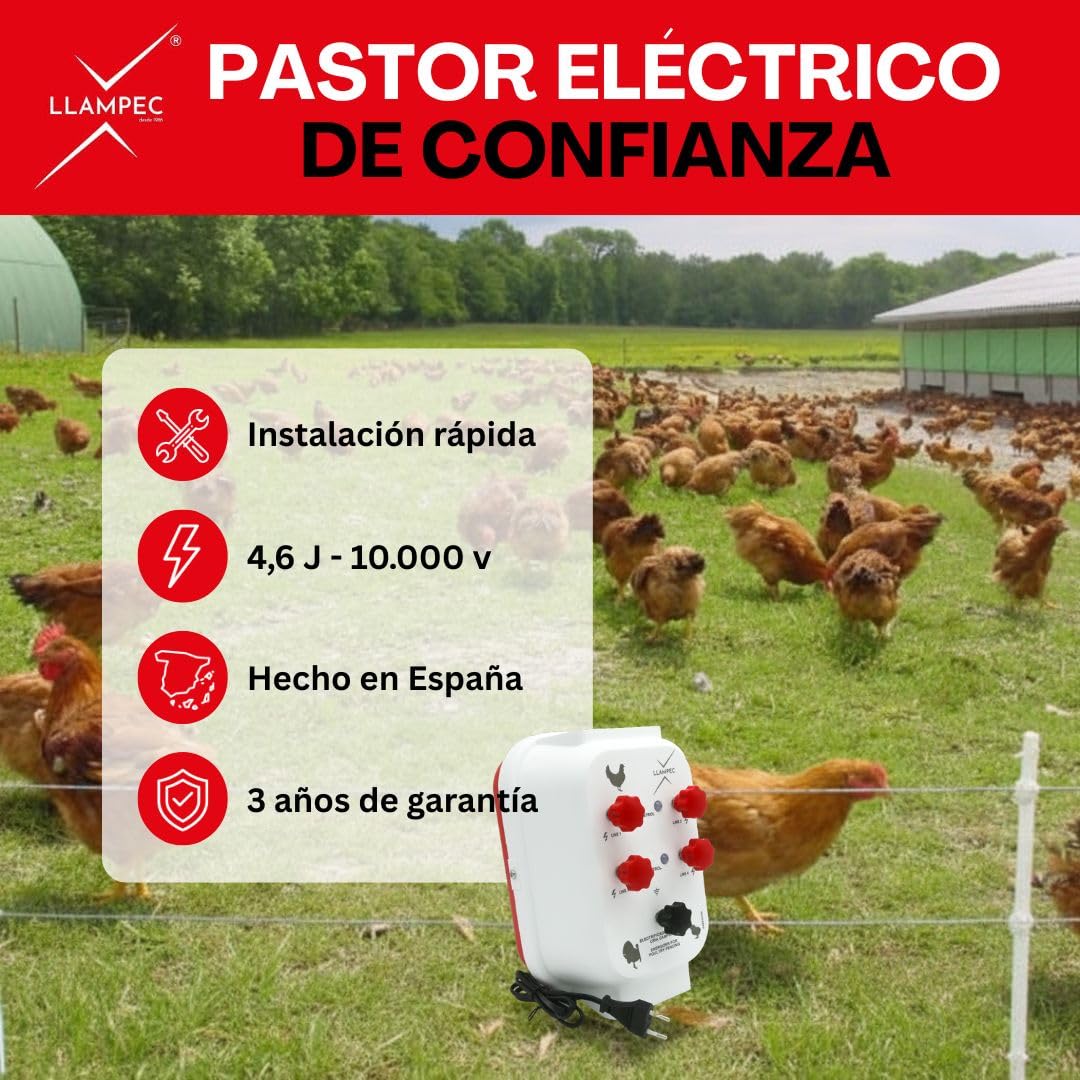 Llampec Pastor Eléctrico Avícola PASAVICAM – 4,6 J y 10.000 V – Especial para Gallinas Ponedores en Libertad y Aves de Corral – Control de Cercas y Protección frente a Fauna Salvaje