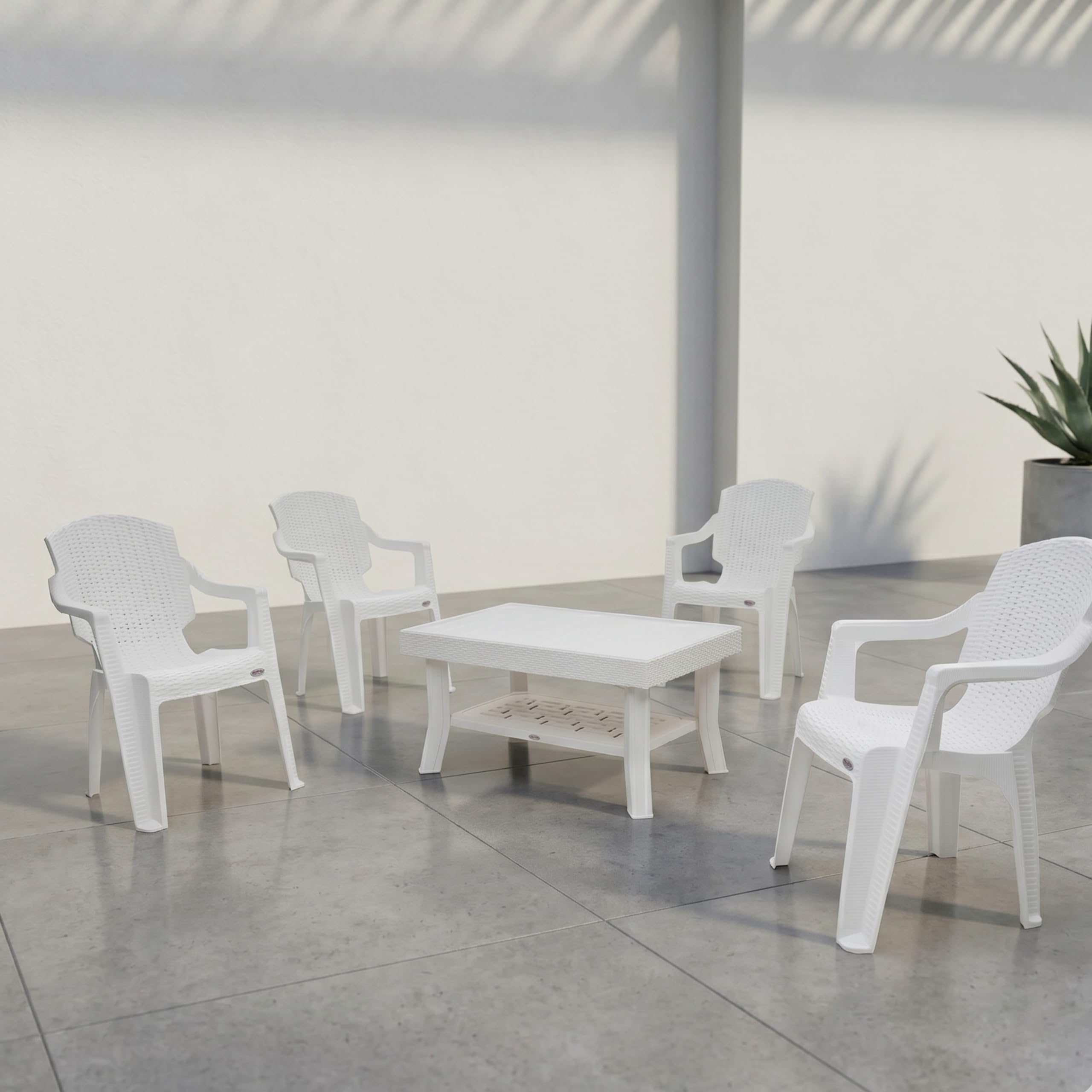 Oaknest Supreme Mark Chair & Vegas Table Set for Living Room, Balcony & Garden | 4 Chairs + 1 Table | Durable Rattan Design | Indoor/Outdoor Use (Color: Milky White)-image-46