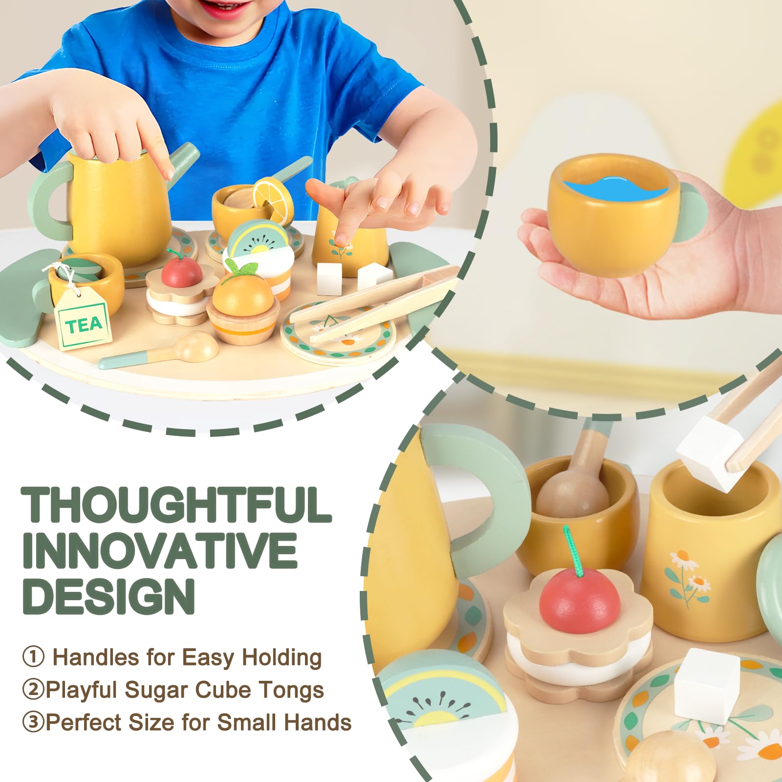 UCAMP Set da Tè in Legno per Bambini - 23pcs Accessori Cucina Giocattolo con Accessori - Regalo per Bambine 3+ Anni