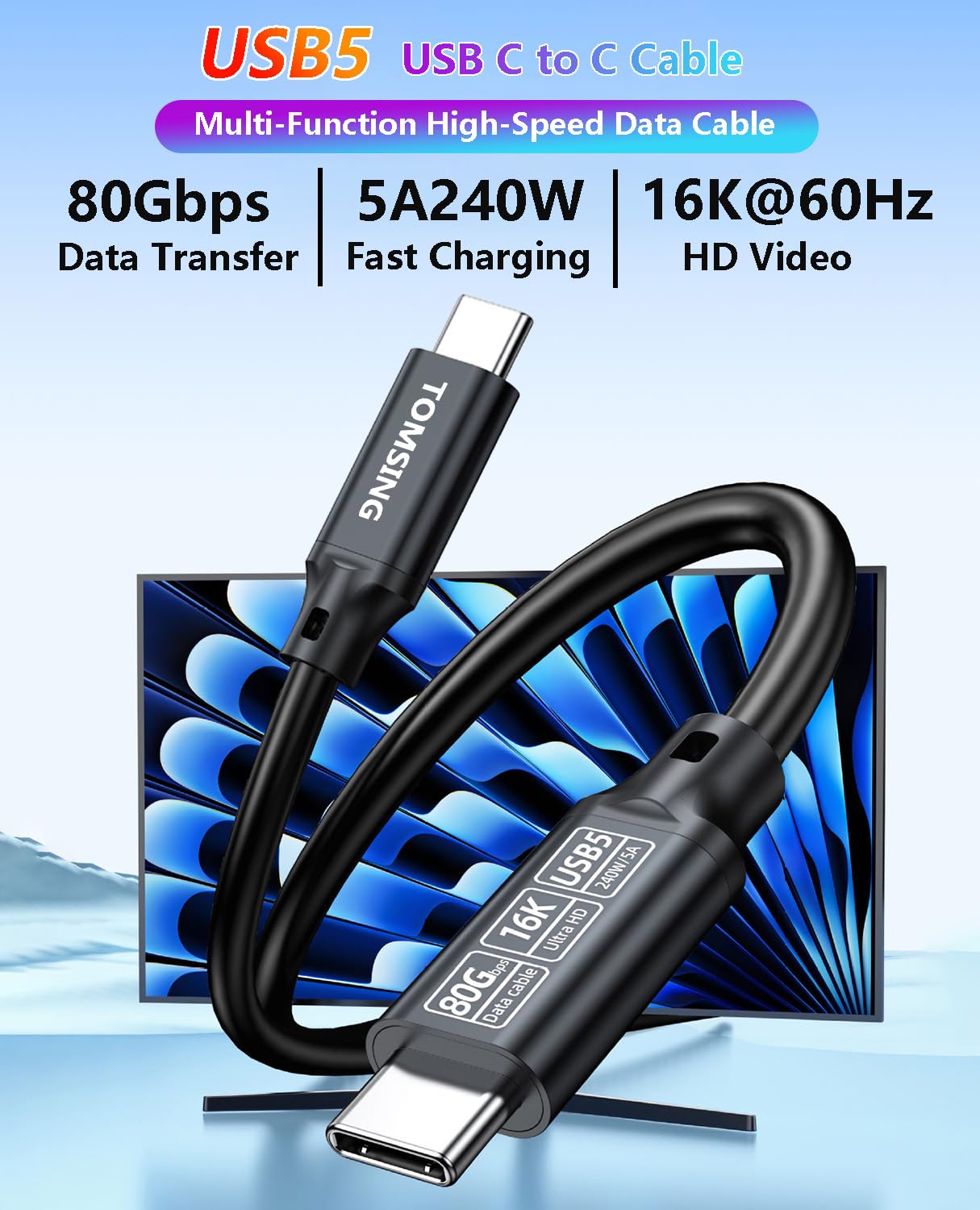 Cavo di ricarica rapida da USB C a USB C, 240 W, 2 m, USB 5 80 Gbps ad alta velocità, video HD 16K, nylon intrecciato, cavo di tipo C da maschio a maschio per laptop, smartphone, monitor (nero