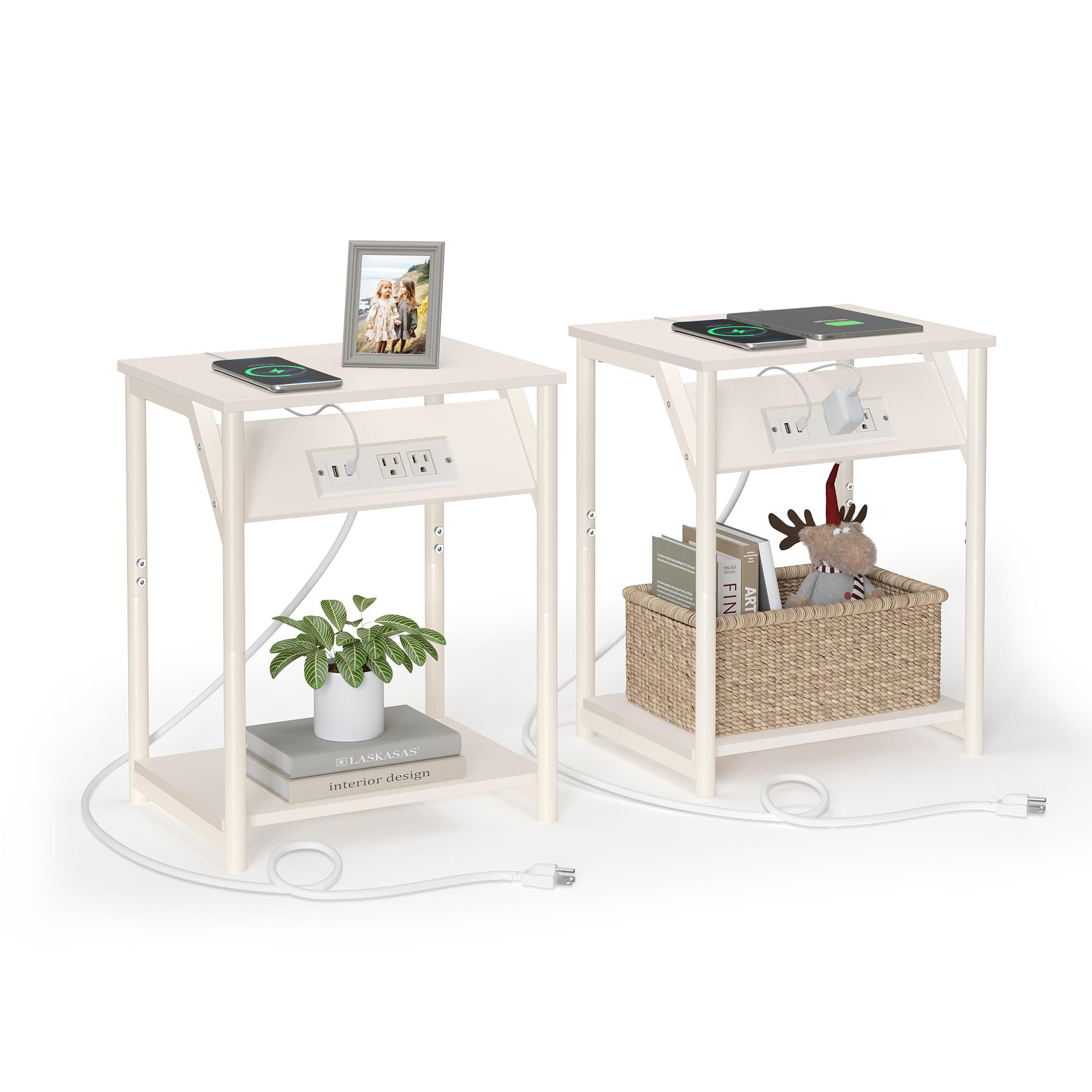 VASAGLE End Table with Charging Station, Set of 2, Small Side Tables for Living Room, Bedroom, Nightstand with Outlets and USB Ports, Bedside Table with Storage Shelf, Cream White