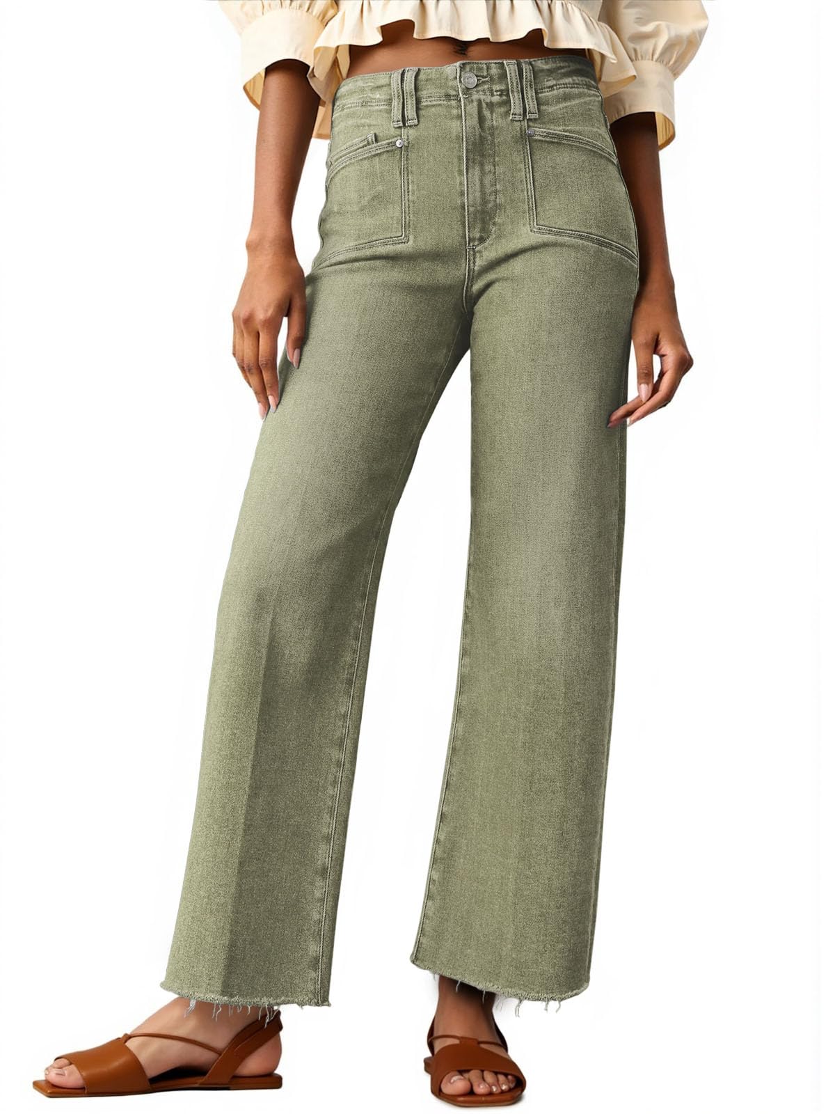 Cicy Bell Womens High Waisted Cropped Jeans Straight Leg Raw Hem Denim Pant | Trendy, Stretchy, Capri, Baggy