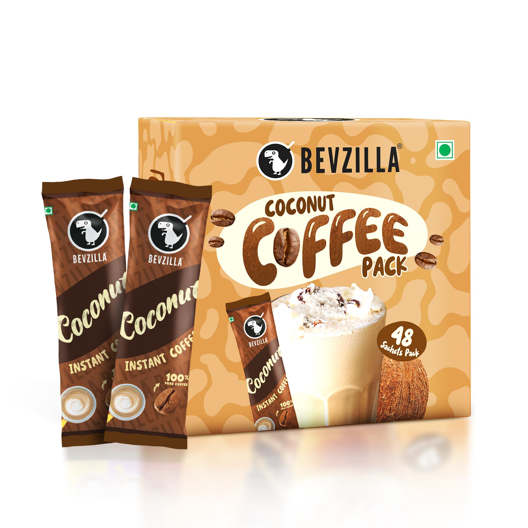 Bevzilla 48 Instant Coffee Powder Sachets (Coconut) - 96 Grams | Makes 48 Cups| Arabica Coffee| Easy To Carry| Best For Espresso, Latte, Cappuccino|Enjoy Hot & Cold Coffee