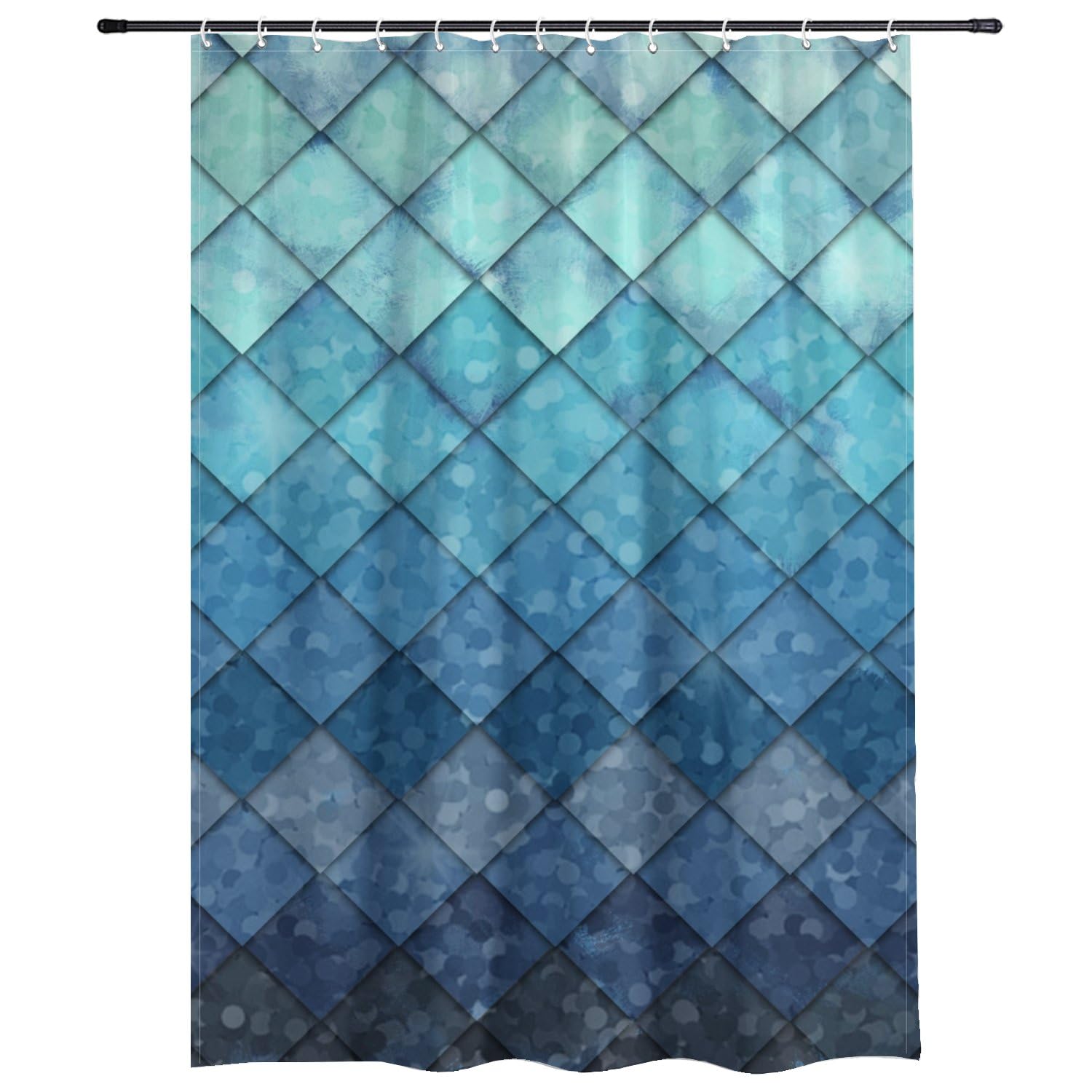 Ocean Blue Shower Curtain Teal Mermaid Fish Scales Geometric Rhombus Shower Curtain with Hooks Mould Free Machine Washable Waterproof Polyester Fabric Wet Room Bathroom Curtains 180×180cm Home Decor