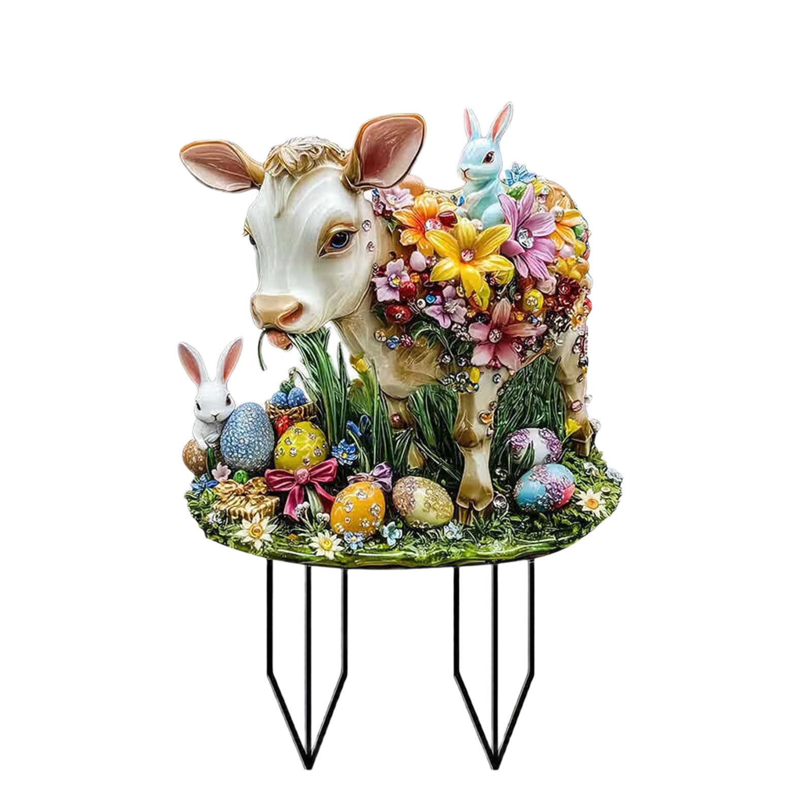 Garden Stake Outdoor Decoration Easter Eggs Rabbits and Cow Stakes Stake Holiday