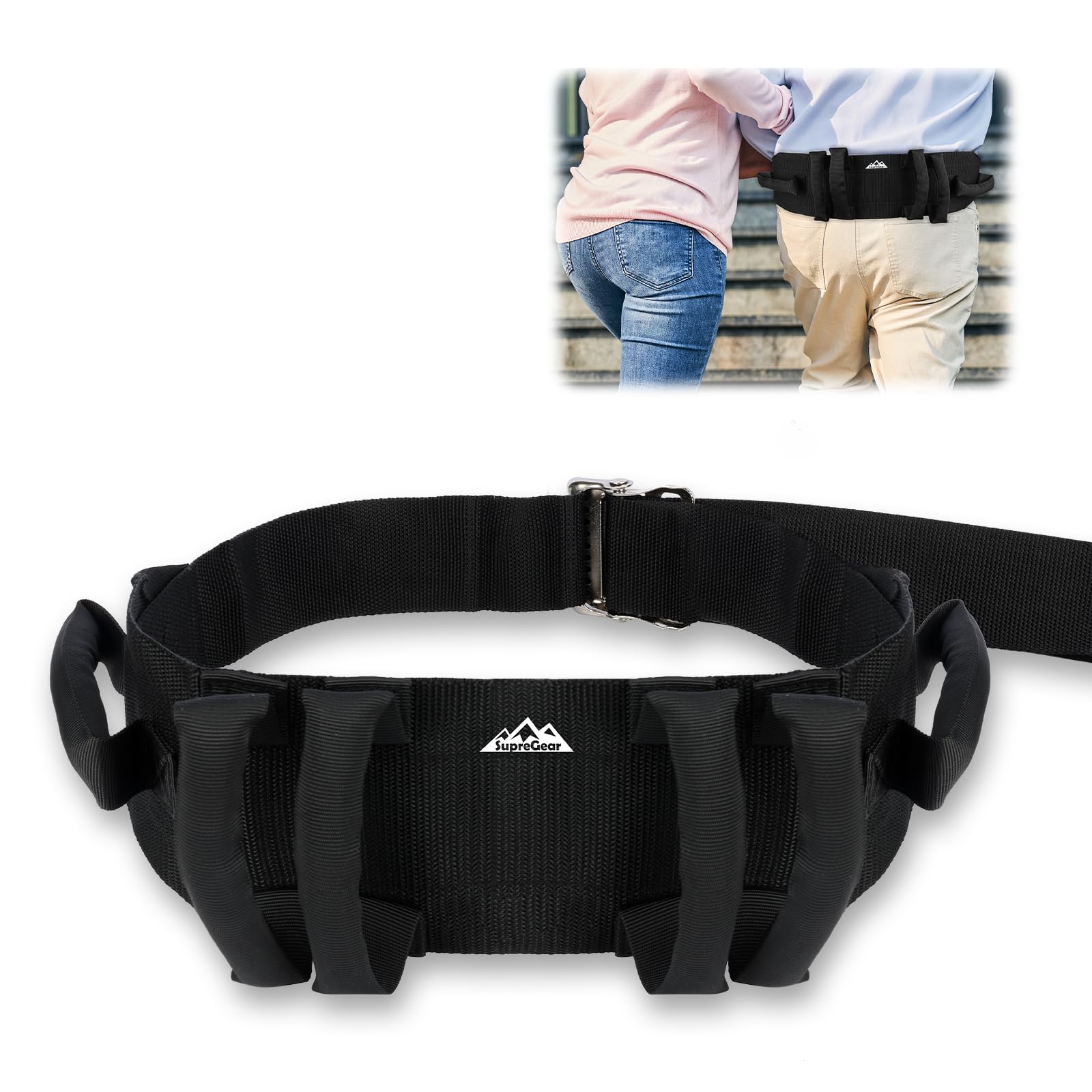 supregear Cintura di Sostegno con Maniglie – Cintura da Trasferimento per Anziani, Disabili, Persone Bariatriche – Supporto Sicuro per Camminare e Stare in Piedi – Fibbia in Metallo, Negro