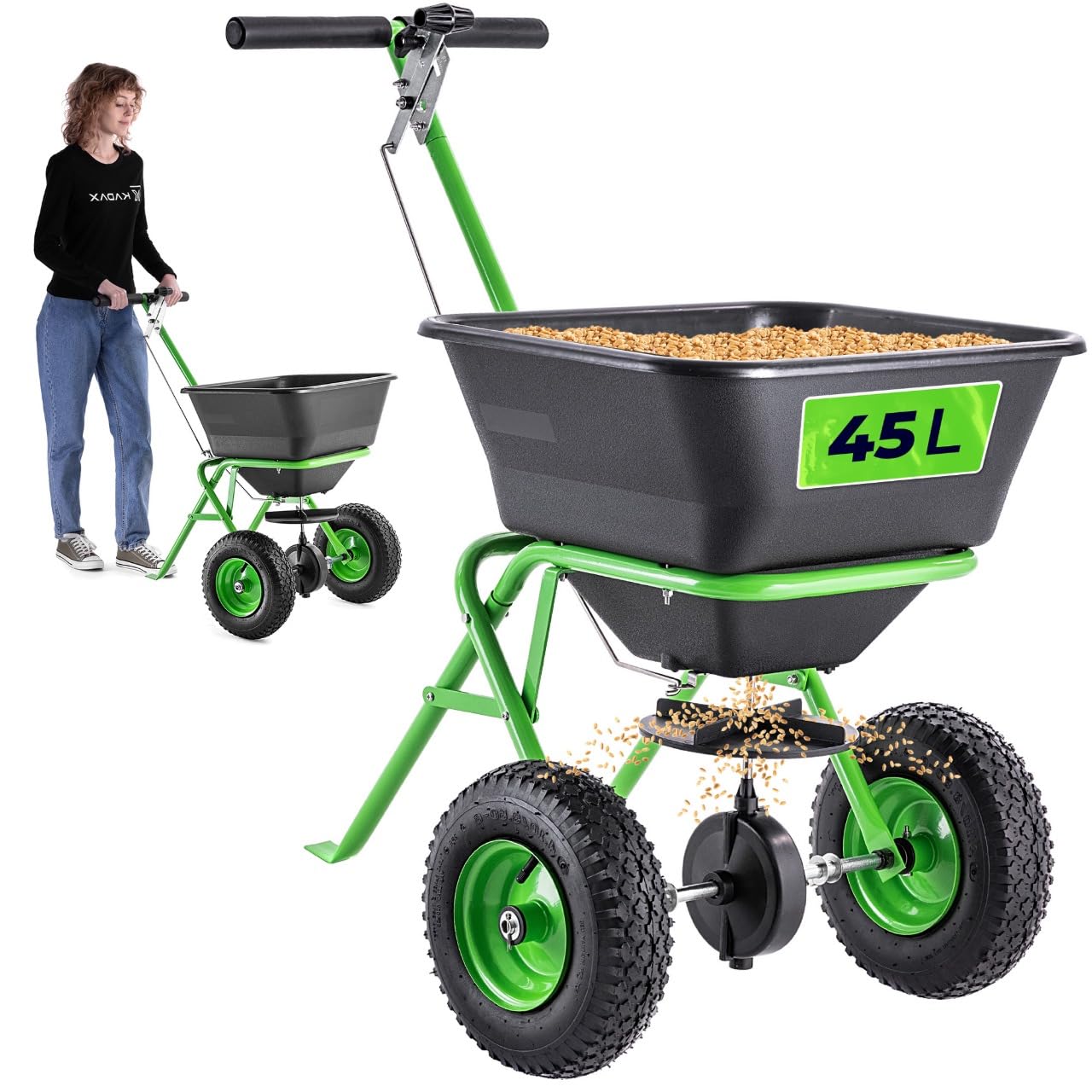 KADAX Carro esparcidor de 45 L con ruedas, esparcidor de abono para semillas de césped, fertilizante para césped, cal y sal de carretera, salero, esparcidor de semillas para el cuidado del césped y el