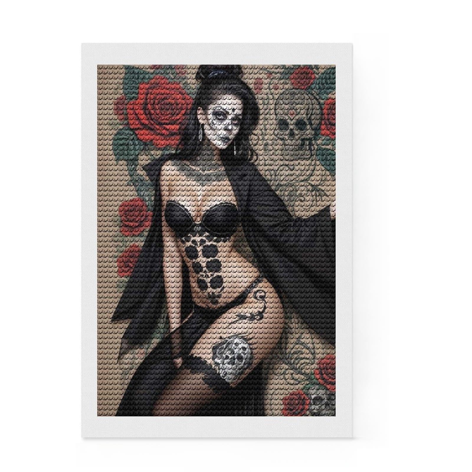 Junmoney Sugar Skull Body Art Diamond Painting Kit 8"x12", Neat Printed Canvas, Sparkling Round Gems, Fun Craft Experience, Office Decor
