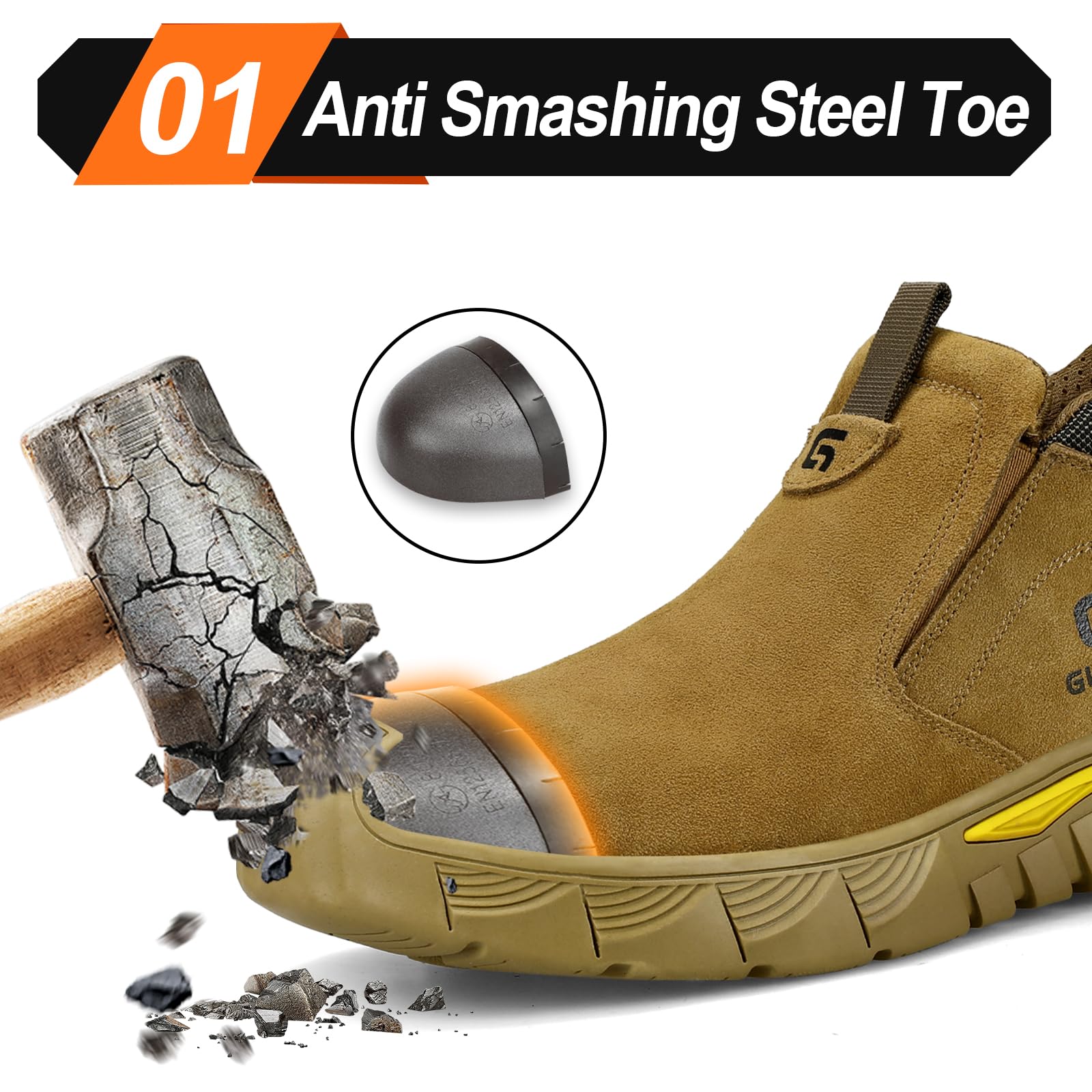 LAoutun Safety Boots Mens Slip on CE Certified Steel Toe Cap Boots Work Shoes Lightweight Splash Proof Safety Shoes Puncture Proof Construction Boot Fashionable Protective Working Boot for Men