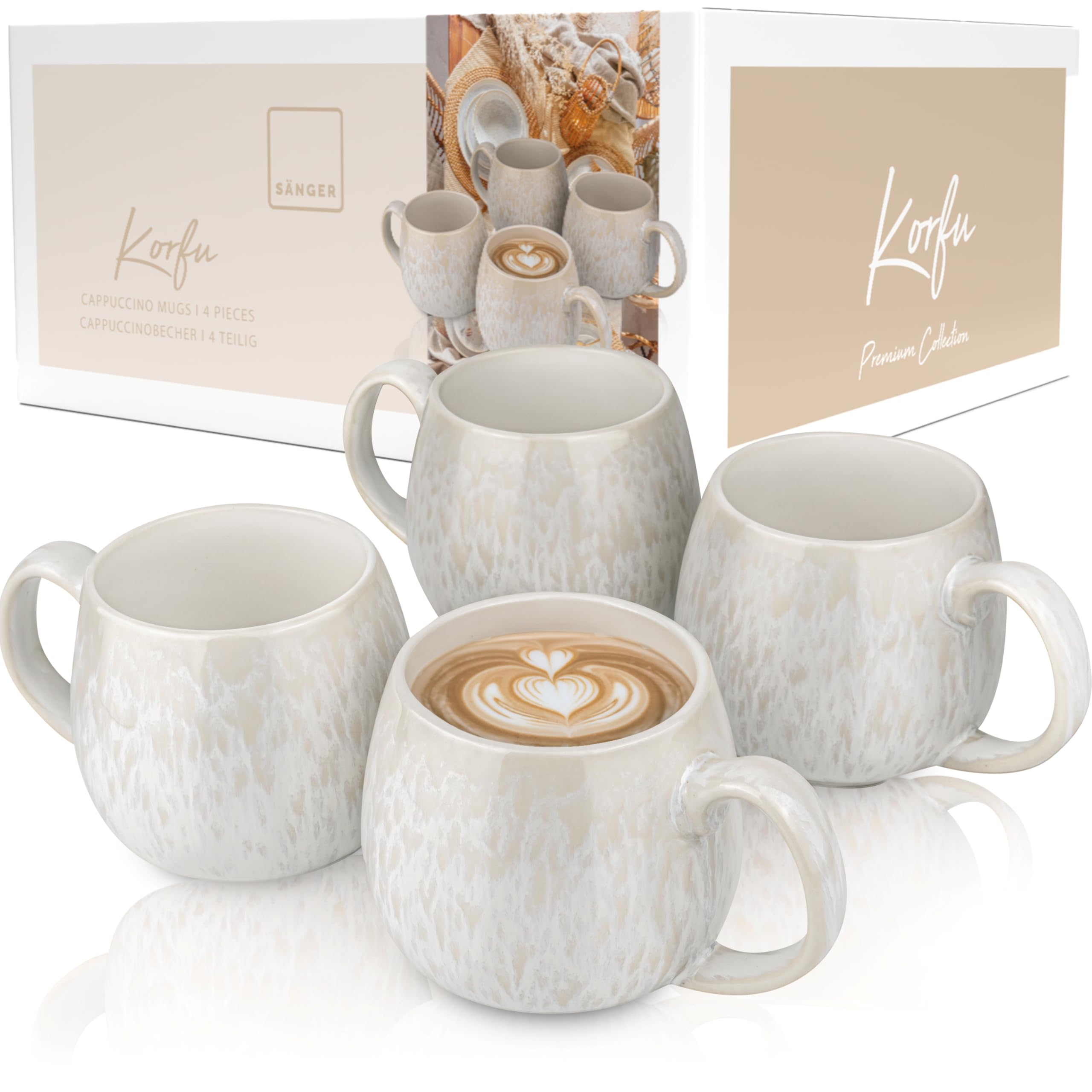 SÄNGER | Tassen Set Korfu 4 tlg, Kaffeetassen 4 Personen, Steingut Tasse Handmade, Teetassen Spülmaschinenfest, Kaffeebecher Set Creme Farben mit Sandiger Maserung 300 ml | PREMIUM COLLECTION