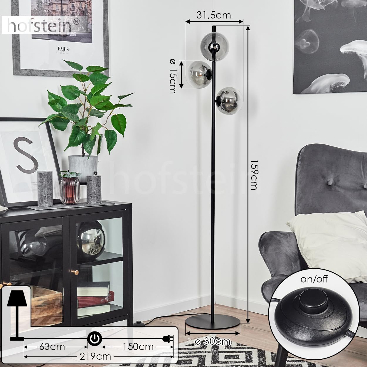 Remaisnil Floor Lamp, Modern Floor Lamp Made Of Metal/Glass In Brass/Champagne Colours, Retro/Vintage Design Luminaire With Foot Switch On Cable - View #3