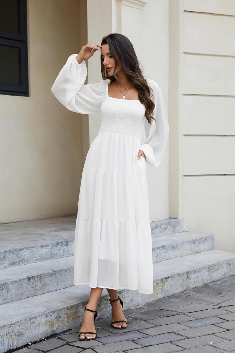 Boho Maxi Dresses for Women 2025 Long Sheer Sleeve Smocked Square Neck Chiffon Tiered Flowy Wedding Guest Fall Dress - Image 7