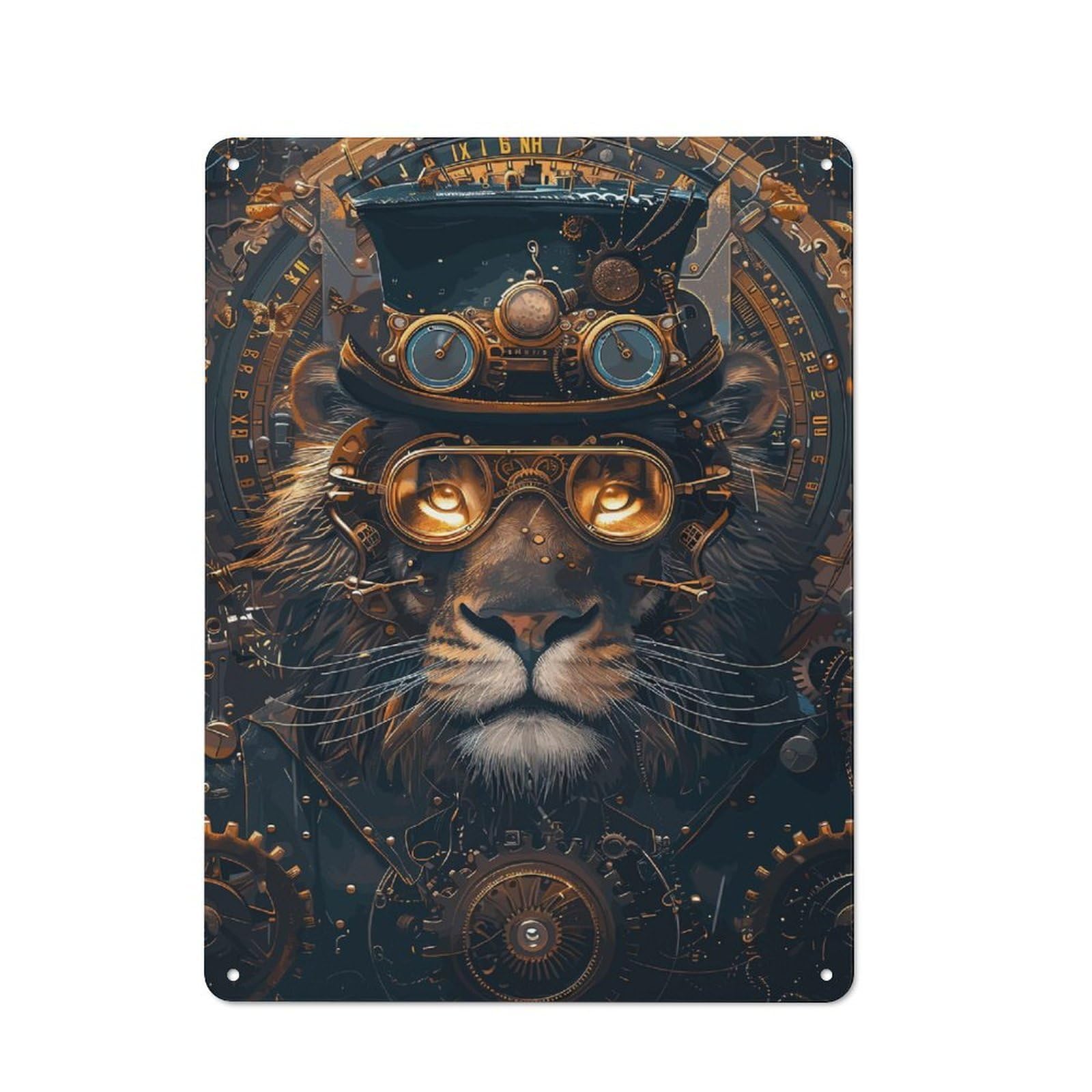 Tin Wall Plaque 40x30cm with Steampunk Animal Lion for Café Or Restaurant, Housewarming Present for People Styling Café And Restaurant