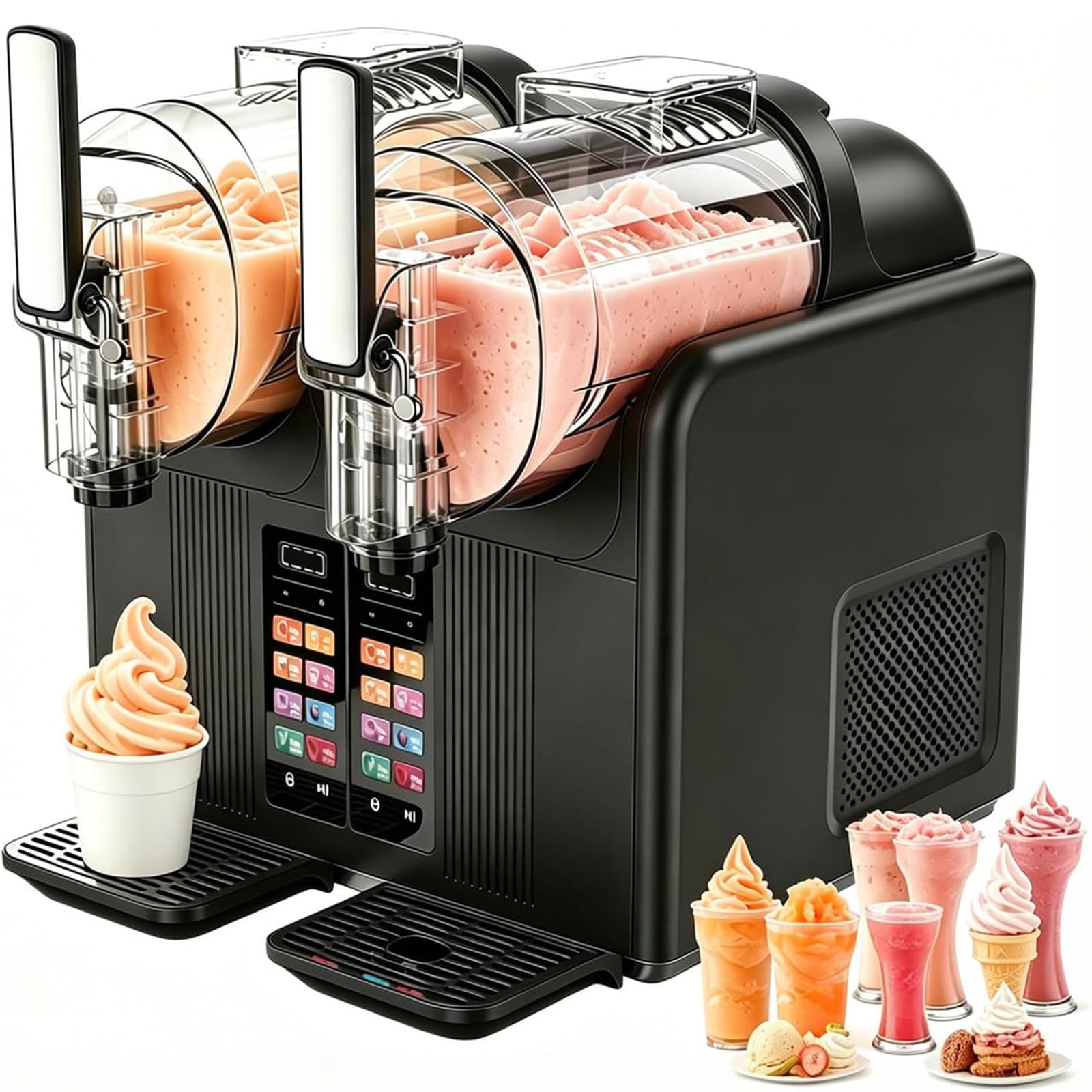 ZYLDDS Slushie Machine & Soft Serve Ice Cream Maker 2 in 1 with Self-Cleaning Function,Touch Panel,Frozen Drink Maker with 7 Preset Programs,Makes Slushies Milkshakes Cocktails Black-twincylinder