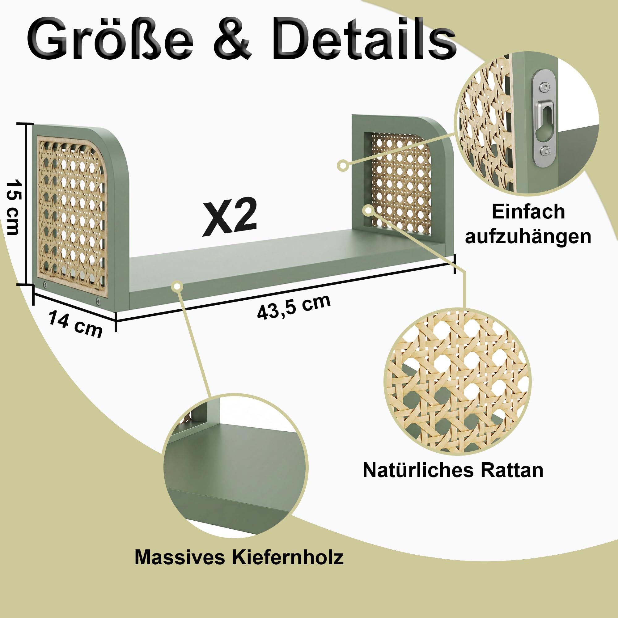 2er Set Rattanregal – Boho Wandregal & Boho Deko in Grün, Hängeregal für Kinderzimmer, Wohnzimmer & Schlafzimmer, Aufbewahrung für Bücher & Spielzeuge in Grün