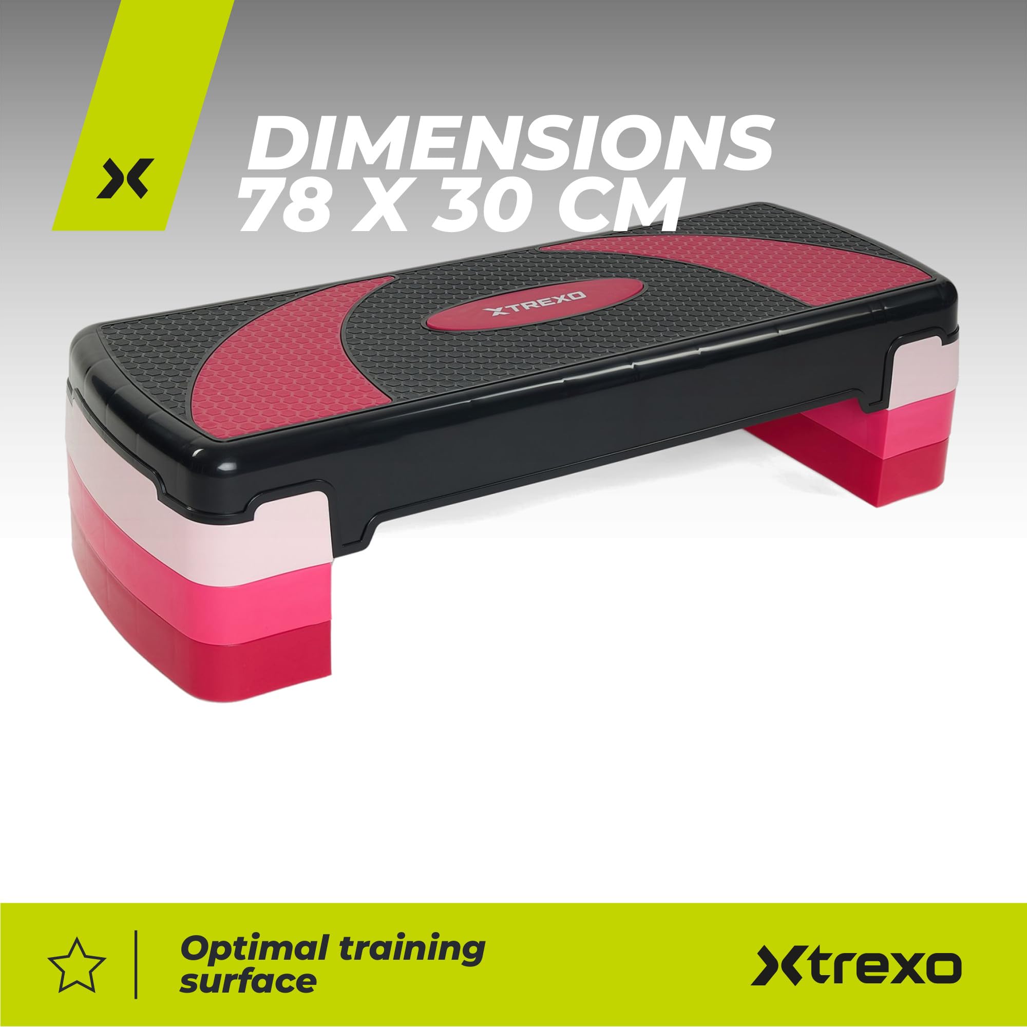 TREXO Aerobik Step 78 x 30 cm do ćwiczeń kardio i treningu fitness regulowana wysokość 10-20 cm wytrzymały polipropylen i TPR wysokiej jakości aerobik niebieski | różowy | szary