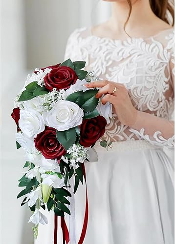 Miniatura 9 de ChezMax Ramo de novia de boda, rosas artificiales para novia con cintas, ramo de flores falsas de dama de honor de 11.8 pulgadas, ramo en cascada