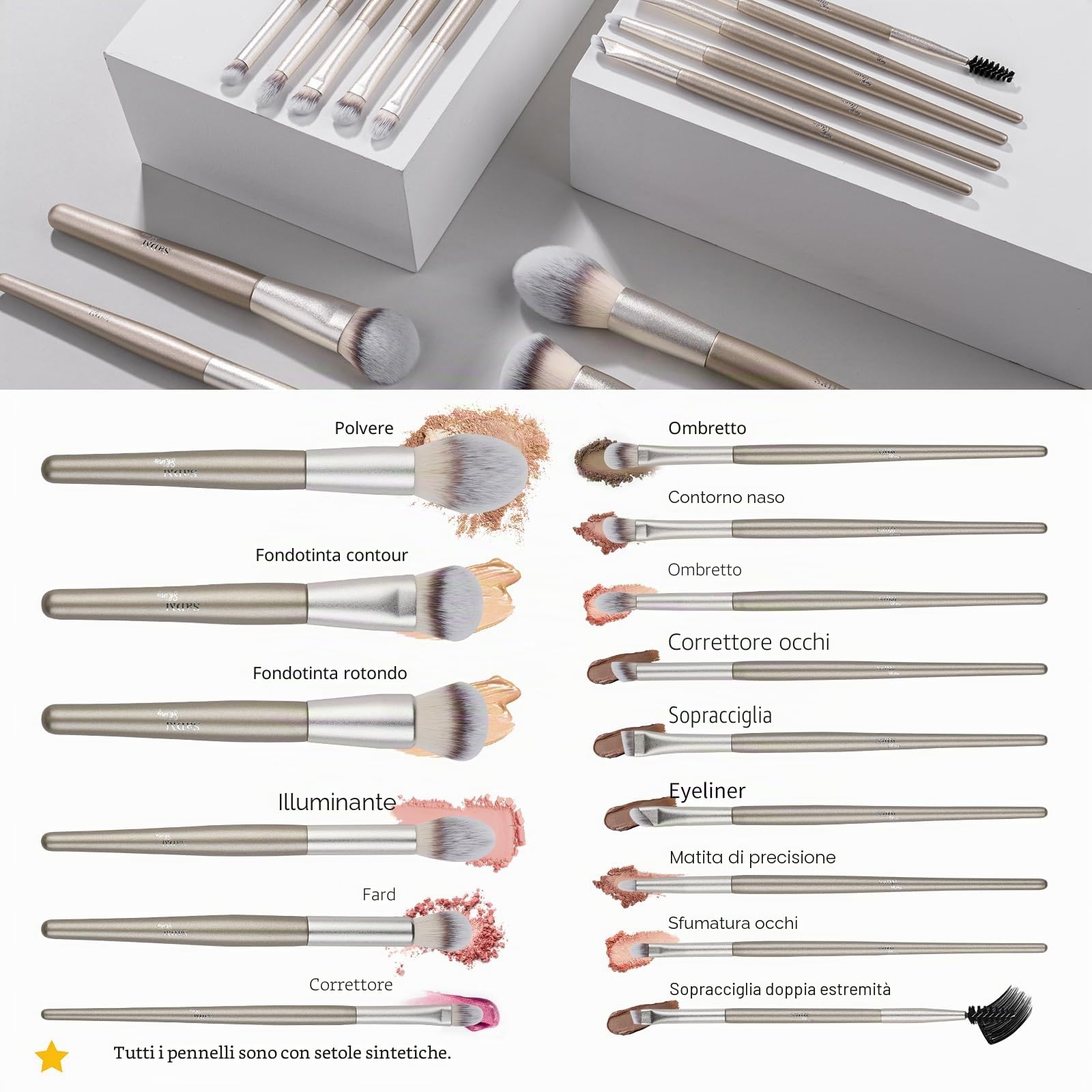 Set di 15 pennelli da trucco vegani per fondotinta, correttori, fard, ombretto, eyeliner, cipria, evidenziatore, sfumatura, set di pennelli per il viso
