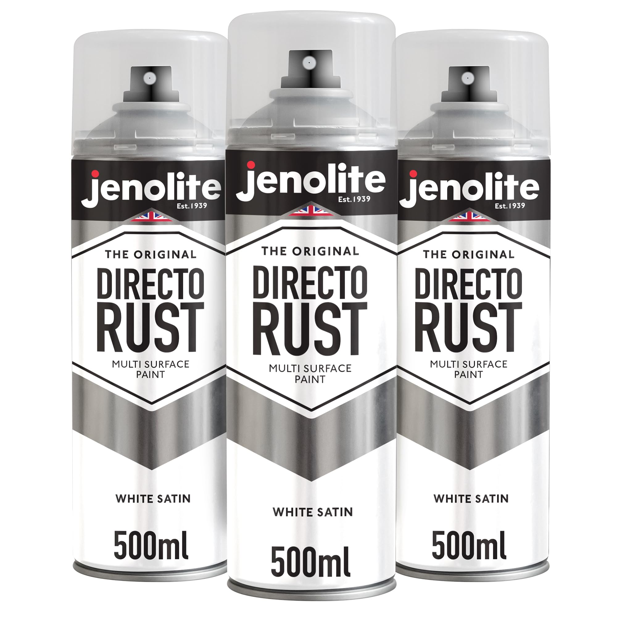 JENOLITE Directorust Spray Paint Satin Finish | WHITE | 3 x 500ml | Direct To Rust Spray Paint For Metal| All-In-One Multi Surface Paint for Metal, Wood, Plastic, Ceramic | RAL 9016