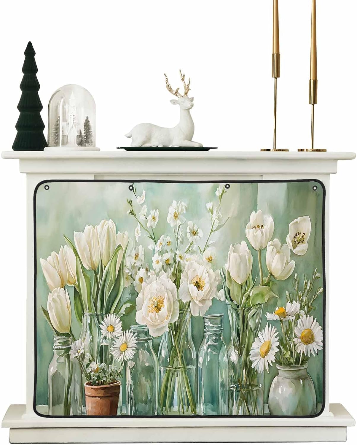Green Spring Floral Magnetic Fireplace Cover, Fireplace Draft Blocker, Watercolor Summer Flowers Tulip Fireplaces Blanket for Heat Loss/Cold Air, Fireplaces Draft Stopper Cover for Inside 45"x34"