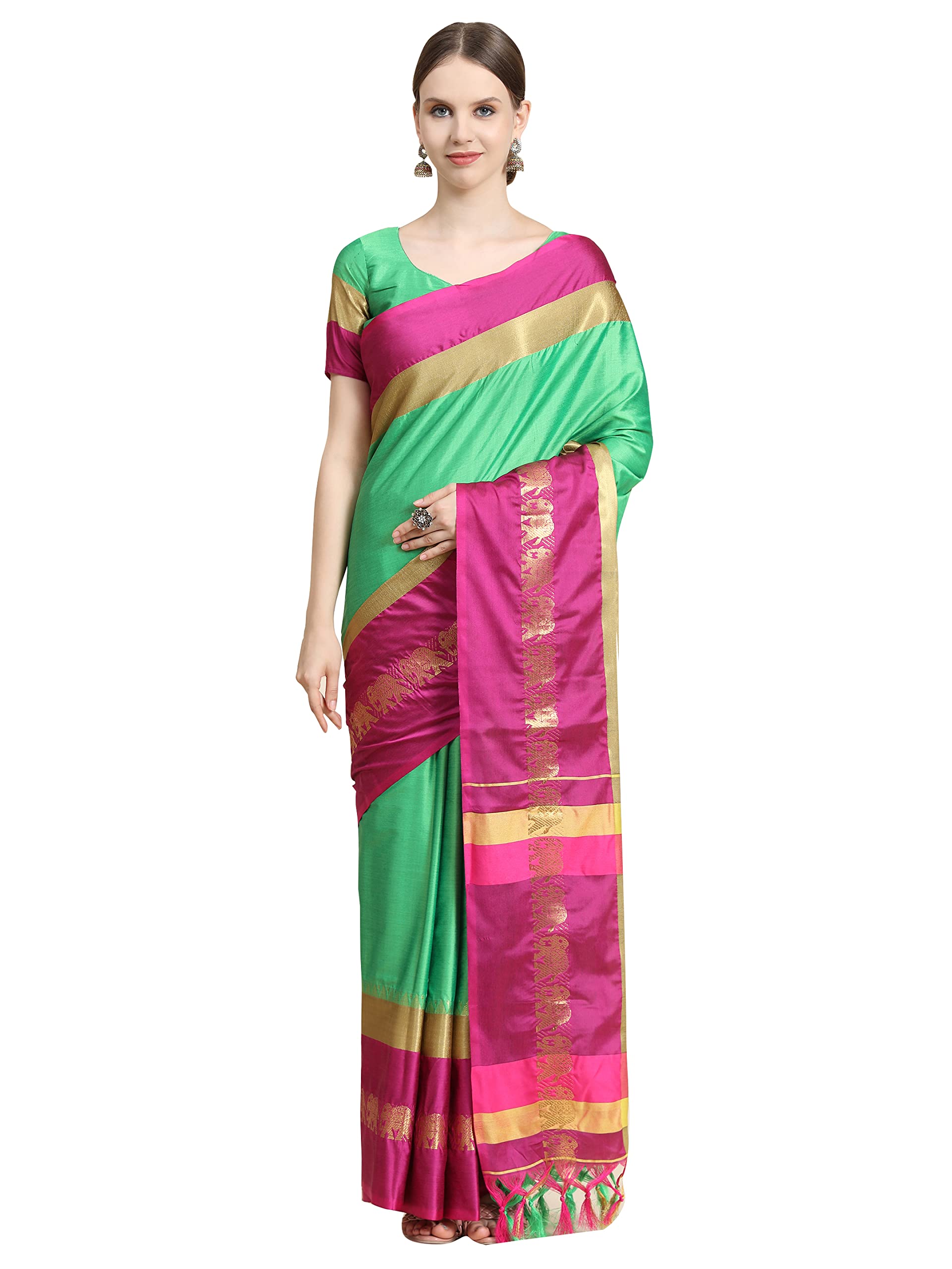 Avantika Fashion Woven Solid Embellished Banarasi Cotton Silk, Art Silk Saree With Blouse Piece, Perrot Green, Free Size