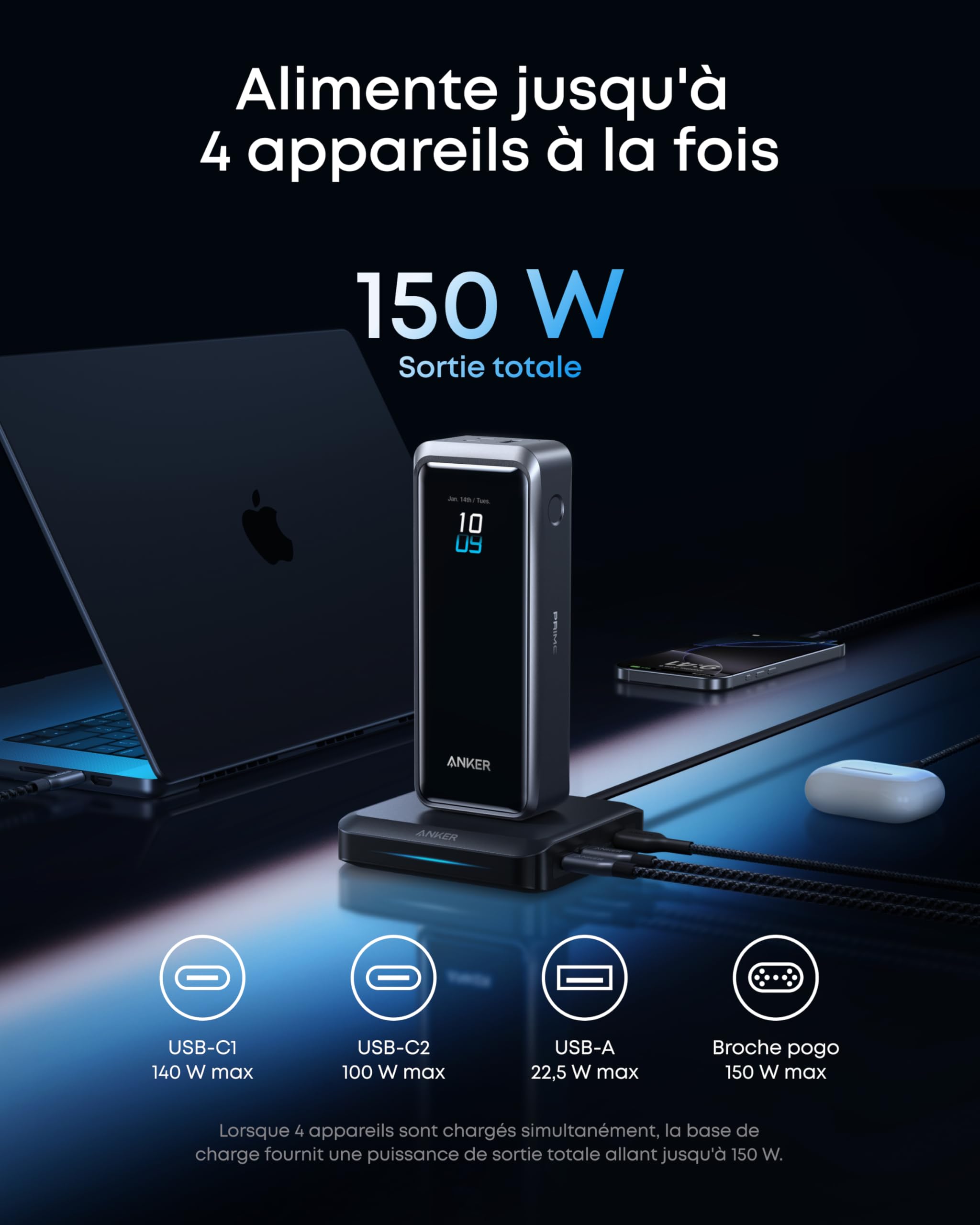 Anker Base de Charge 150W, 3 Ports (Batterie Externe Non Incluse) | Recharge Rapide pour Batterie Externe Anker Prime, Compatible avec MacBook Pro/Air, Dell, iPhone 17/16/15, Samsung et plus