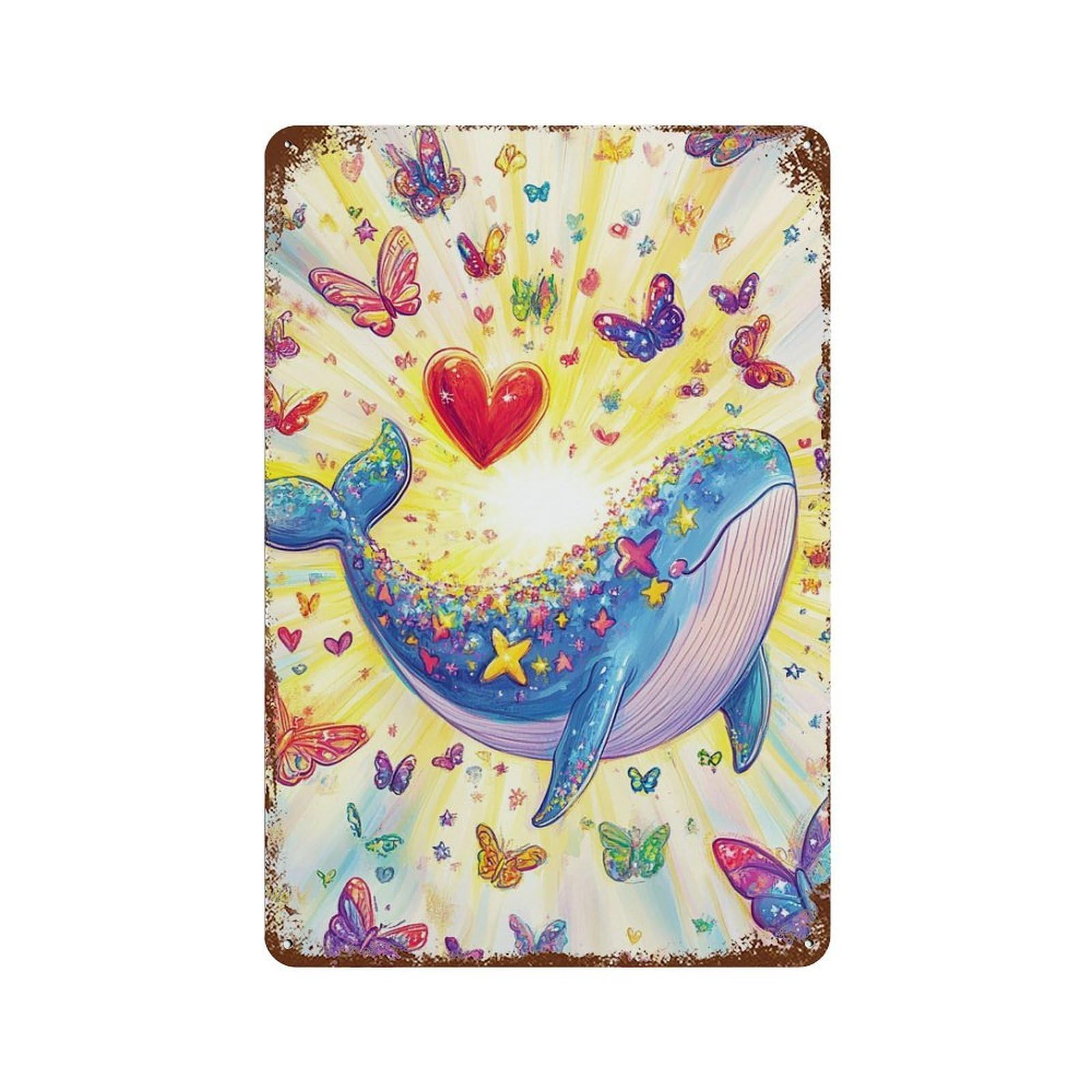 Rust Effect Whale with Butterflies And Hearts Rustic Tin Plaque 11.8"x7.9", Classic Wall Plaque for Shed, Workshop And Garage Wall Decor
