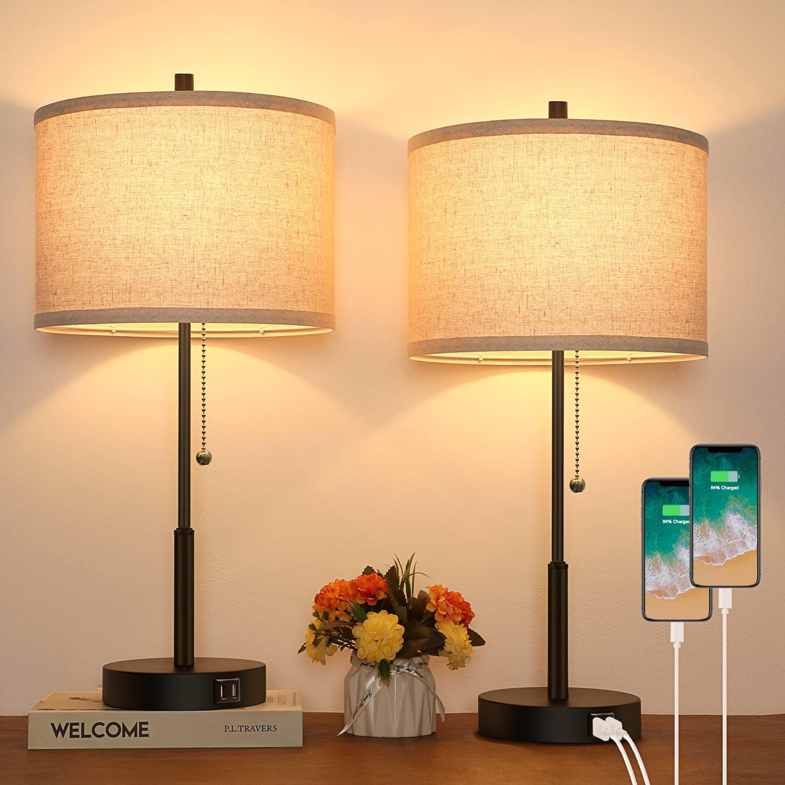 Sucolite Set of 2 Table Lamps with 2 USB Charging Ports, Modern Farmhouse Lamps for Bedrooms Bedside with Pull Chain Switch, Nightstand Desk Lamps for Living Room Office Dorm Reading Working, Black