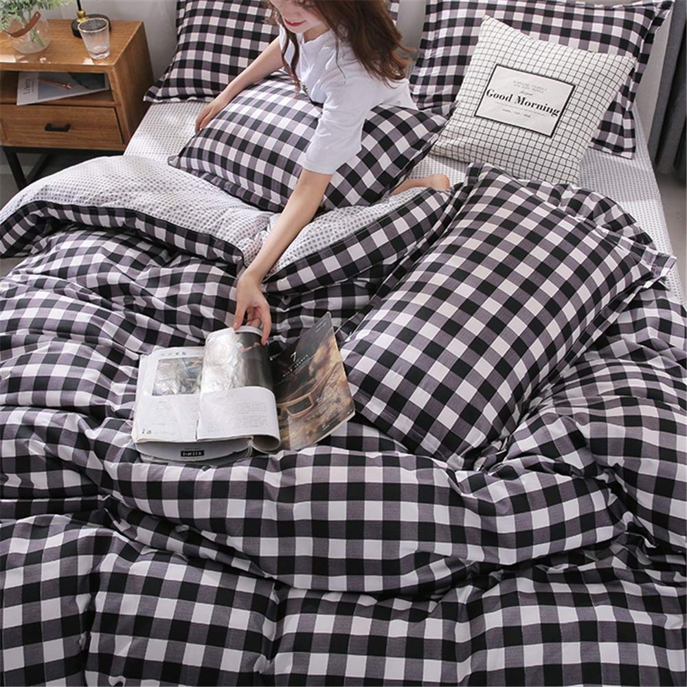 Fansu Juego de Ropa de Cama 4 Piezas, Incluye Moderno Nórdico Microfibra 1 Cremallera Funda Nórdica de Edredón 1 Colcha de Cama o Sábana 2 Fundas de Almohada (150x200cm-1.5M,Retro a Cuadros Negro)