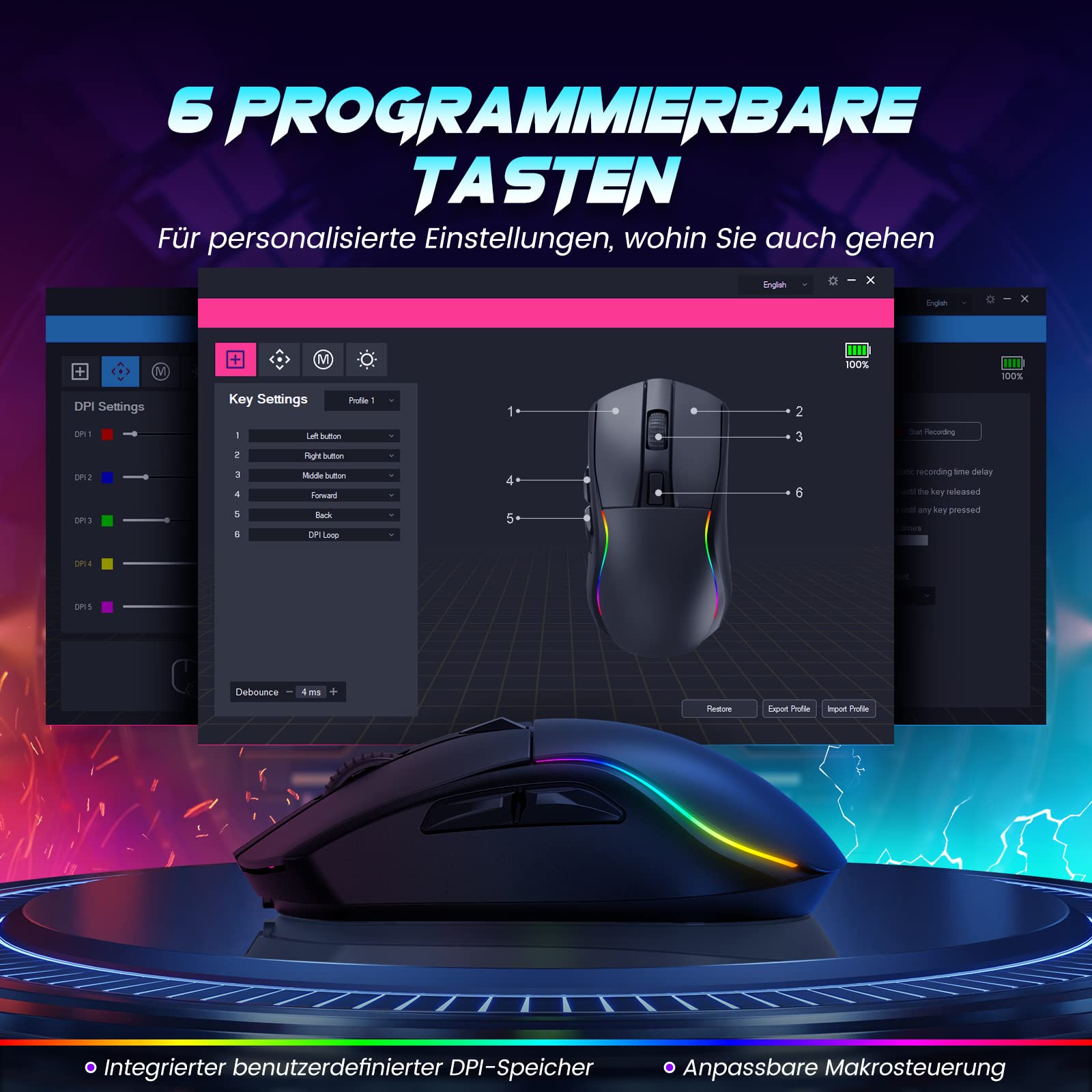 RisoPhy Kabellose Gaming-Maus mit magnetischer RGB-Ladestation, leichte Tri-Mode-Gaming-Maus, kabellos bis zu 20 KDPI, 300 IPS, 1000 Hz mit Chroma-RGB-Hintergrundbeleuchtung, Tasten vollständi