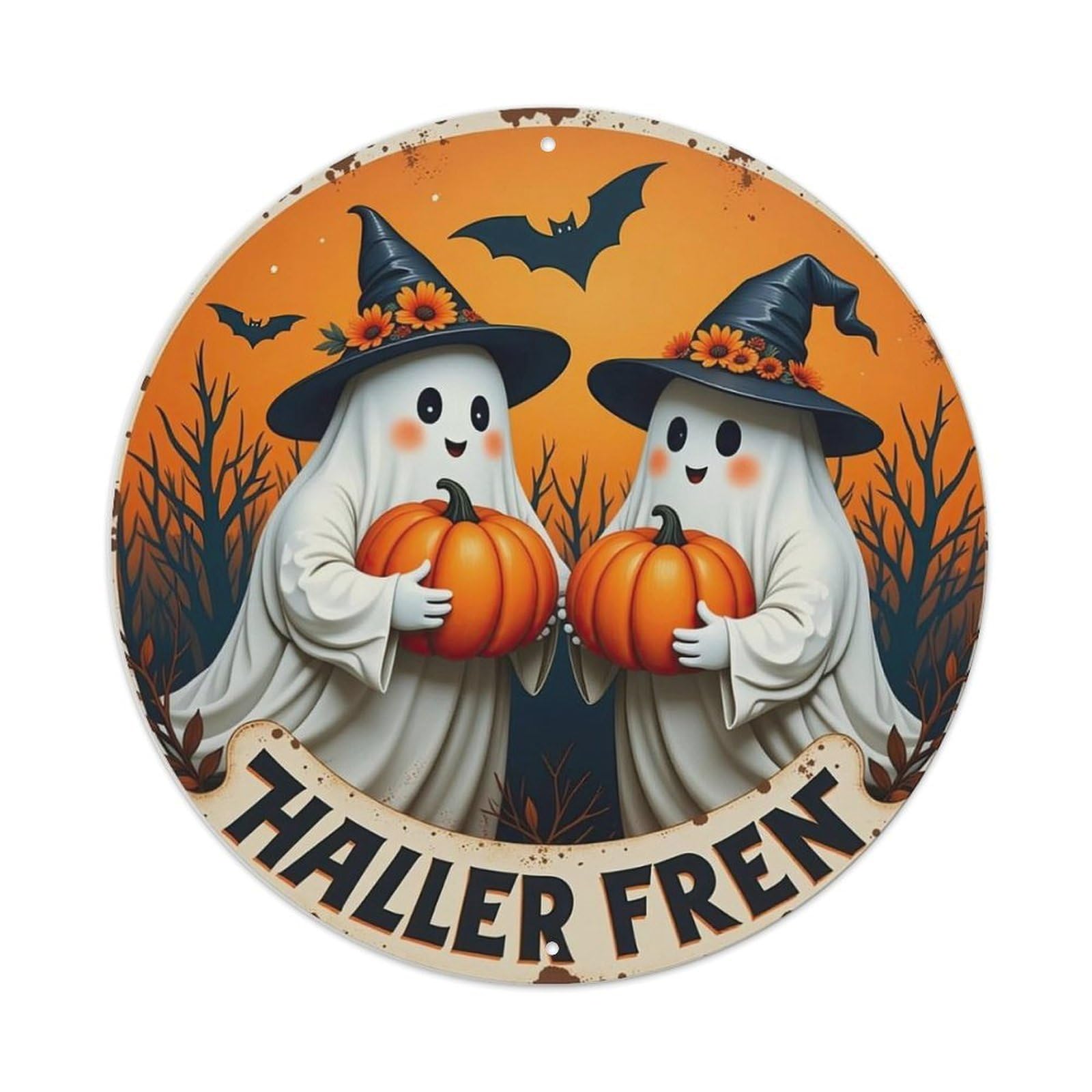 Ghost Witch Pumpkin Bat Tree Metal Tin Sign