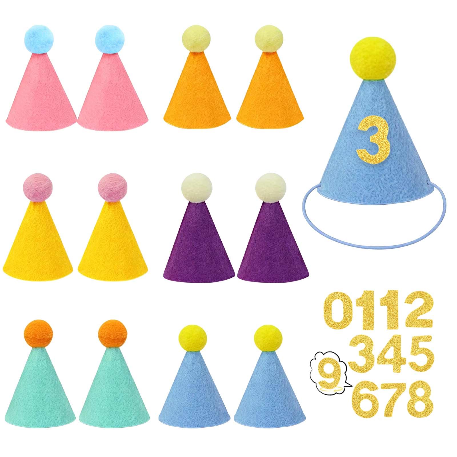 12 Pack Mini Party Hats for Toy Animals, Felt Cone Hat with Pom Poms, Colorful Small Party Hats with Number Stickers for Dogs, Cats, Puppies, Stuffed Animals, Pet Birthday Decorations
