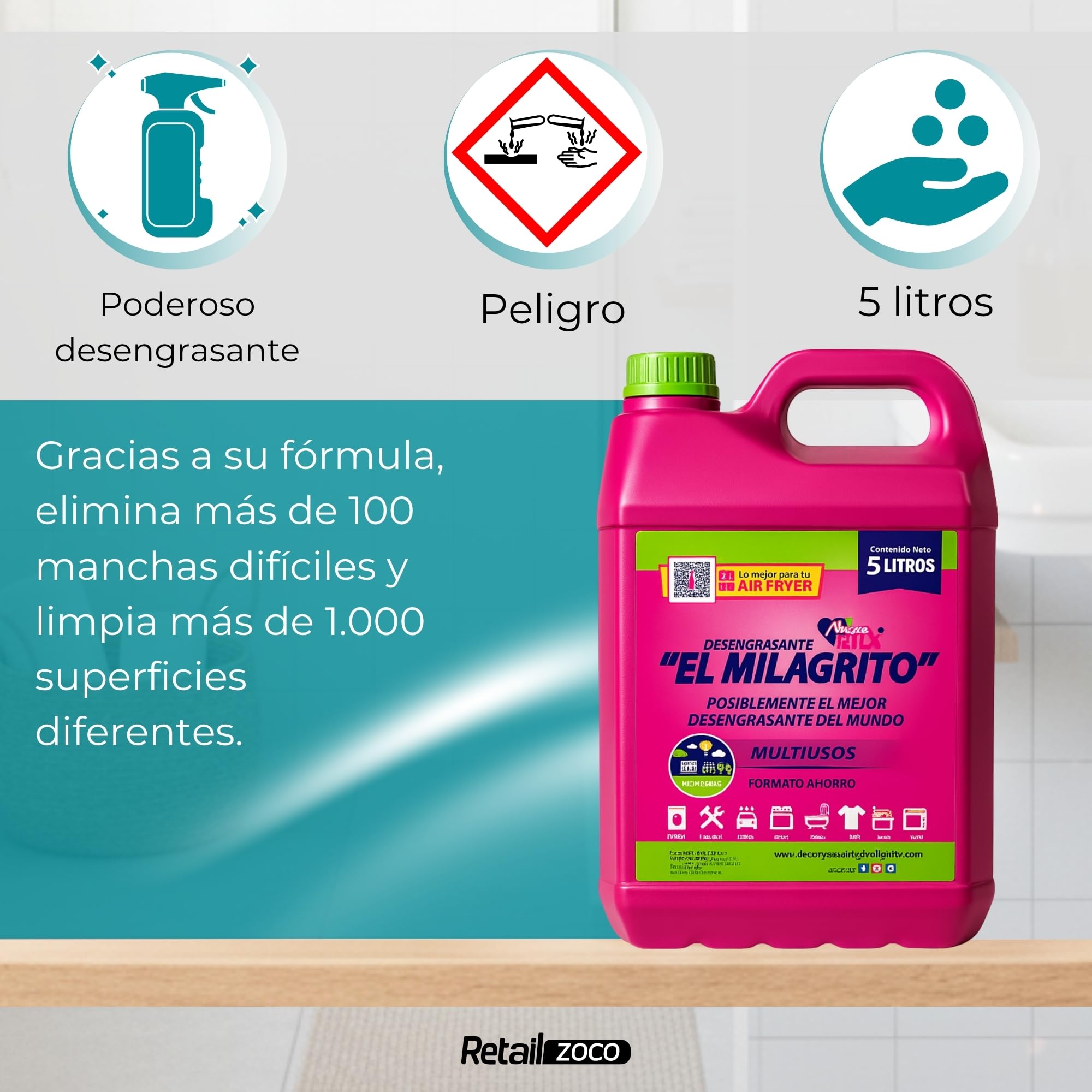 Desengrasante El Milagrito 5 Litros, Limpiador Quitagrasas Multiusos para Cocina, Hornos, Microondas