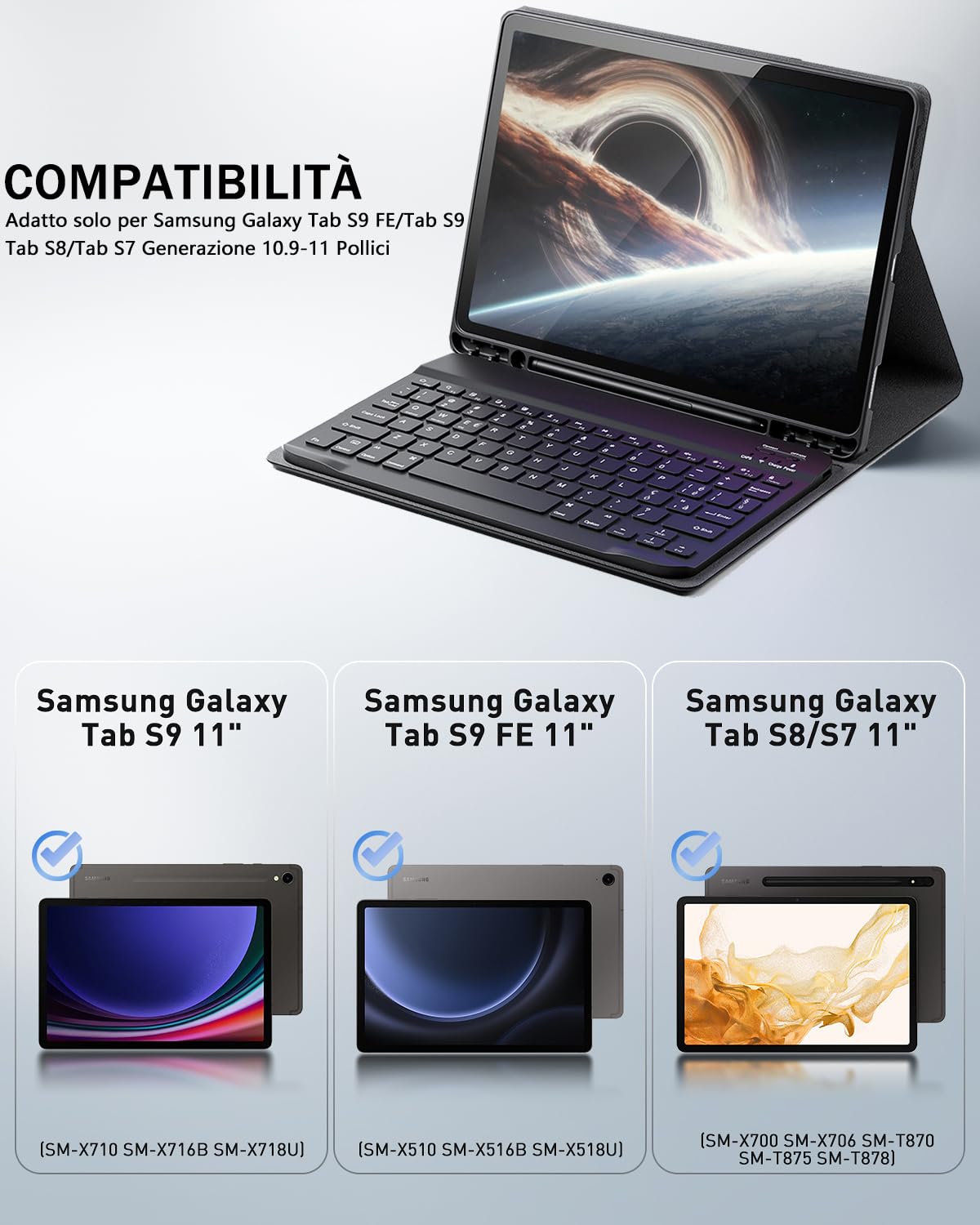 Cover Per Samsung Galaxy Tab S10 Lite/S10 FE (2025)/S9 FE (2023)/Tab S9 (2023)/Tab S8 (2022)/Tab S7 (2020) 10.9-11 Pollici Con wireless Bluetooth tastiera italiana (QWERTY) e Mouse Keyboard Case Nero