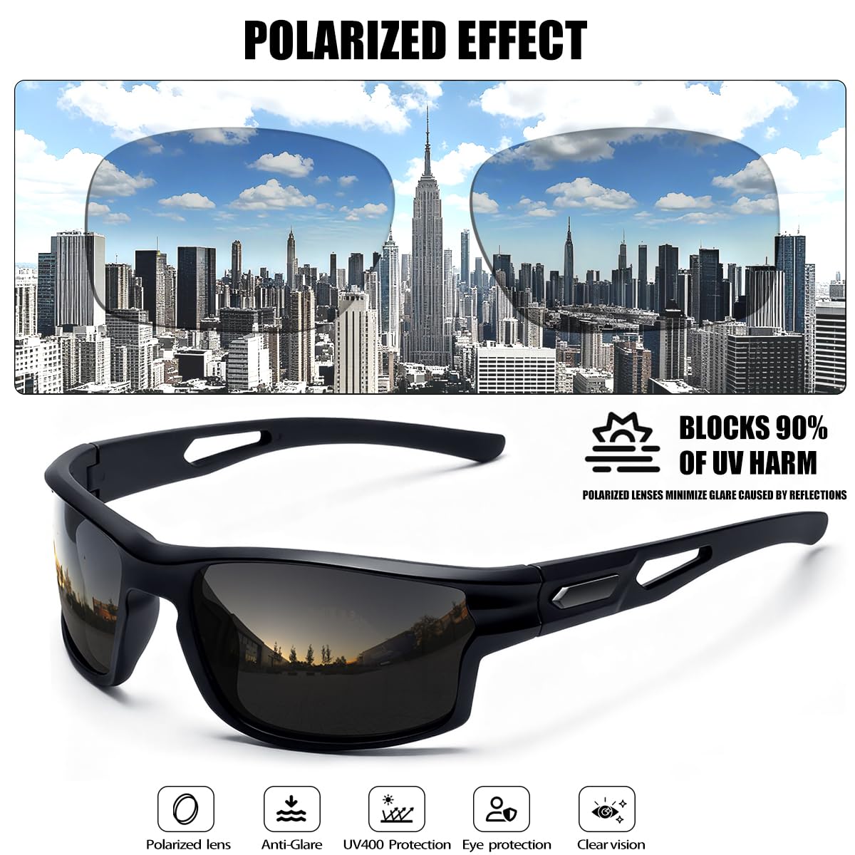 Occhiali da sole sportivi polarizzati da uomo, protezione UV400, leggeri, avvolgenti, per pesca, ciclismo, corsa