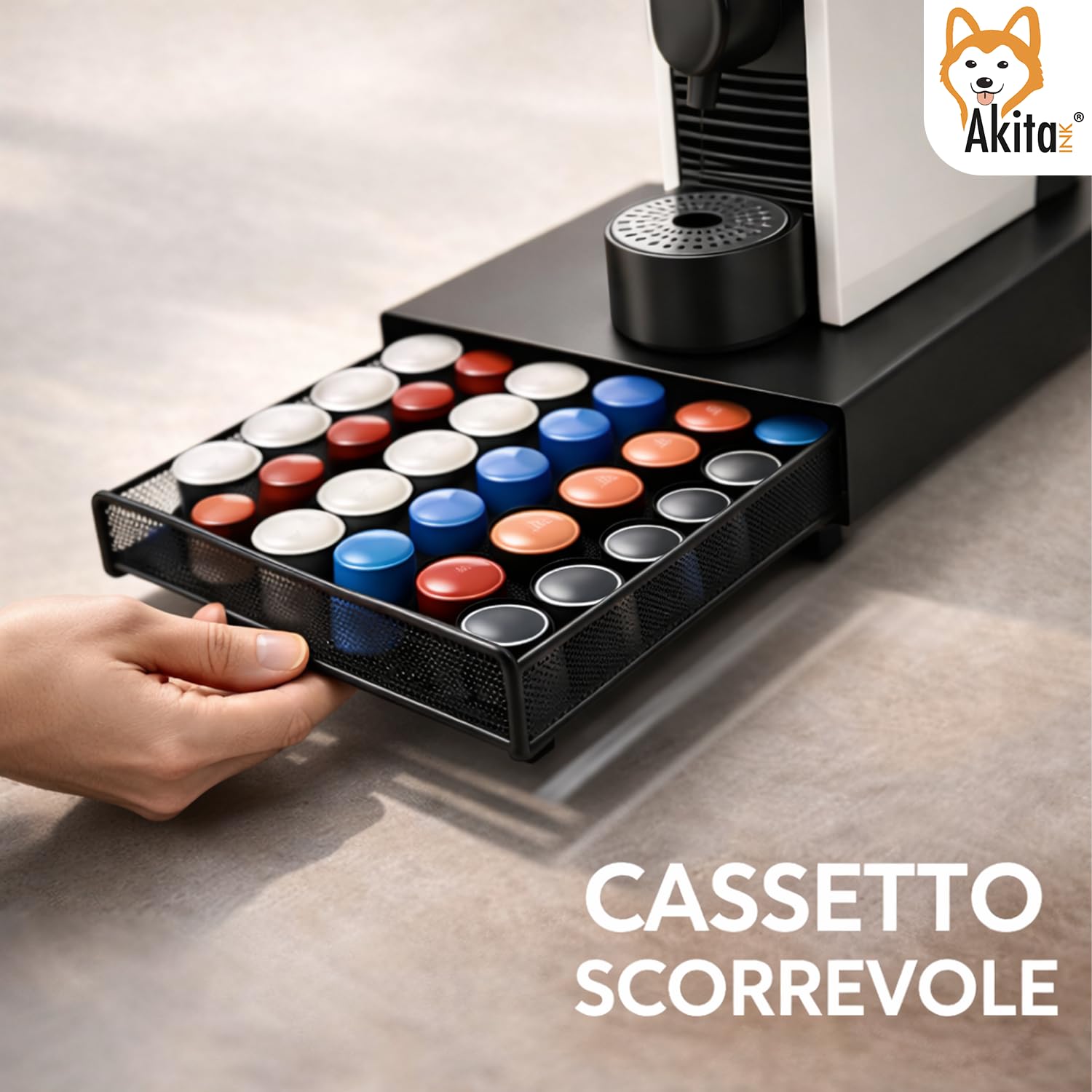 AKITAInk Portacapsule Caffè in Metallo con Cassetto, Organizer 40 Capsule Salvaspazio, Supporto Macchina Caffè, 37,5x17,5x4,5 cm, Nero