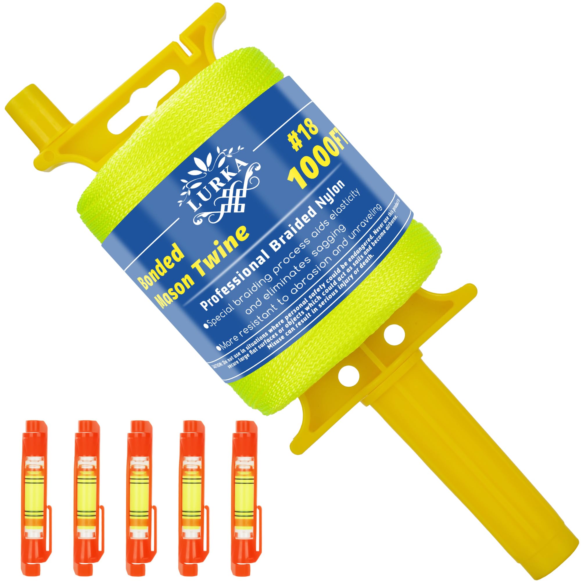 LURKA Mason Line String,#18 Feet Braided Construction Nylon Line with 5 Built-in Levels and Spool Fluorescent String Line for Precision Work, DIY, and Gardening (1000FT Yellow with Level)