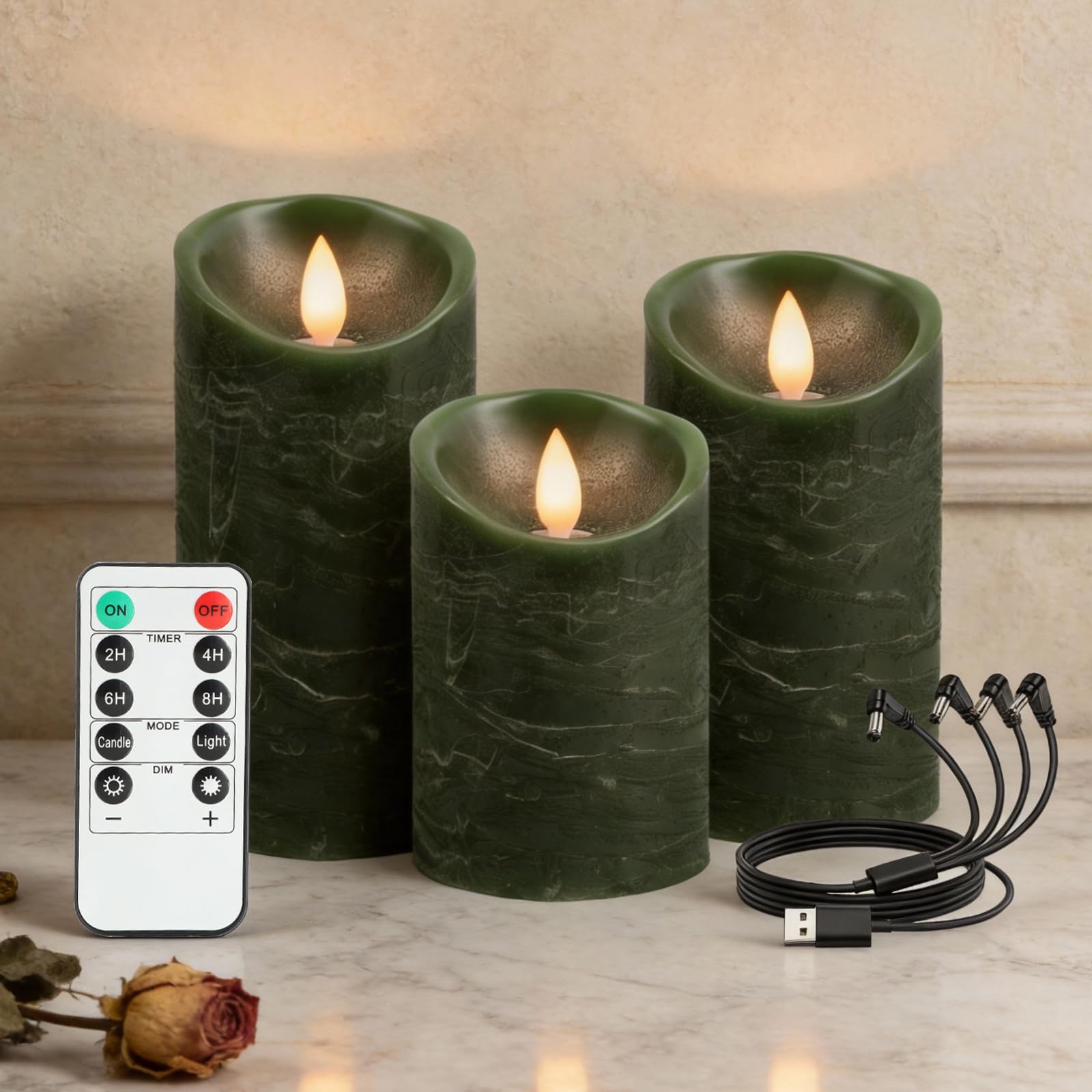 RanBluu 3 Pack LED Candles with Remote Control & 27 Hour Timer, Flameless Real Wax Pillars, USB Rechargeable Flickering Candles for Birthday/Party/Wedding, Green