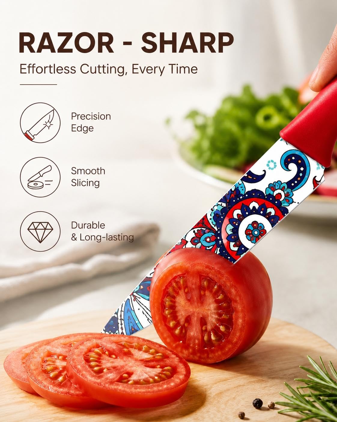 Astercook Juego de Cuchillos con diseño de Cachemira y Funda, Cuchillos de Colores Aptos para lavavajillas con Funda para 6 Cuchillos, Juego de Cuchillos arcoíris de Acero Inoxidable alemán
