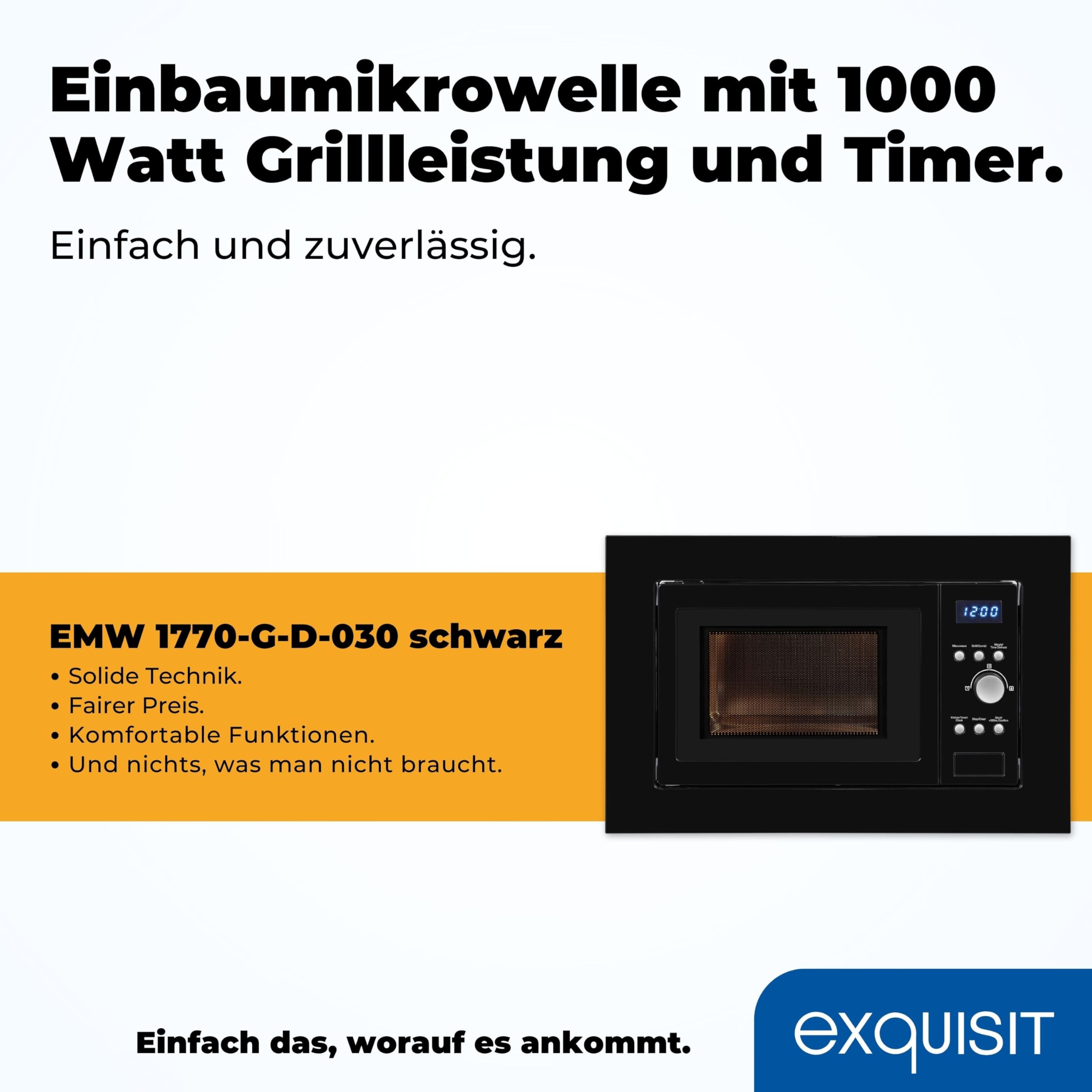 Exquisit Kuchenka mikrofalowa do zabudowy EMW 1770-G-D-030 czarna | 700 W | 1000 W funkcja grillowania | timer