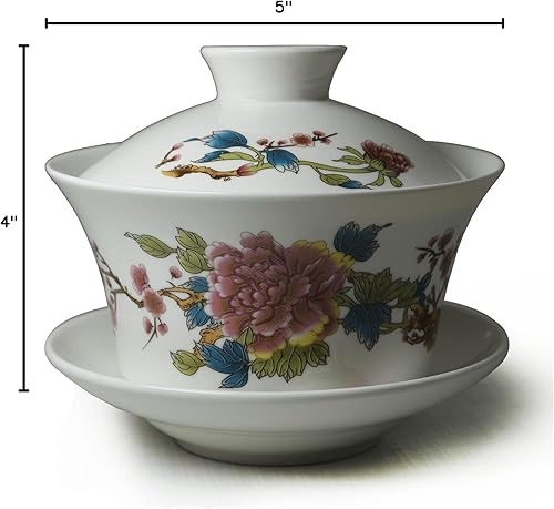 Miniatura 7 de Gaiwan - Juego de taza de té grande de porcelana blanca Sancai, patrón de belleza Blum (16 onzas de flor grande)