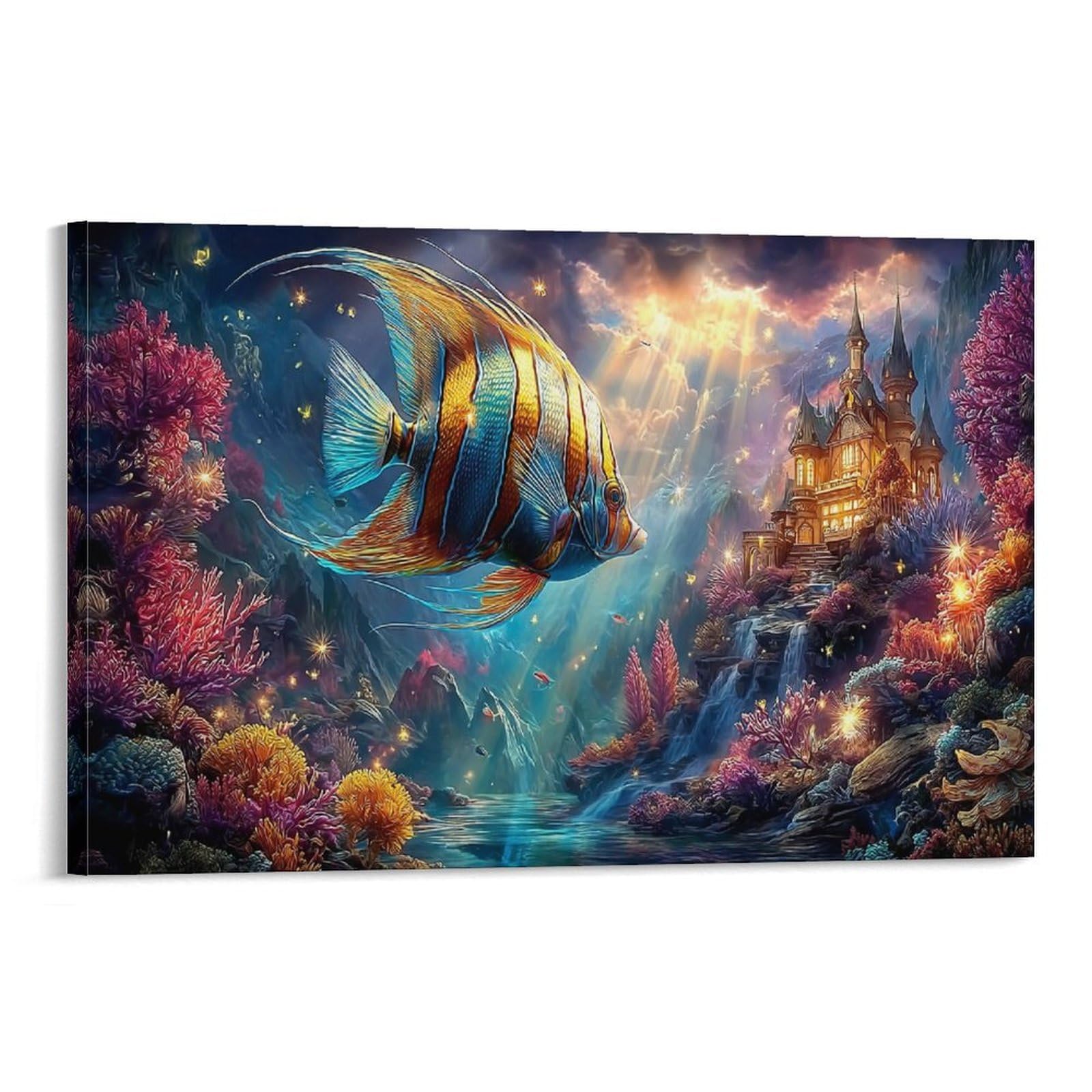XPASHIQWC Angelfish Poster Artwork Underwater Castle Canvas Prints Picture Modern Wall Art Picture Wall Hanging for Office Gym Living Room Decor 24x36inch(60x90cm)