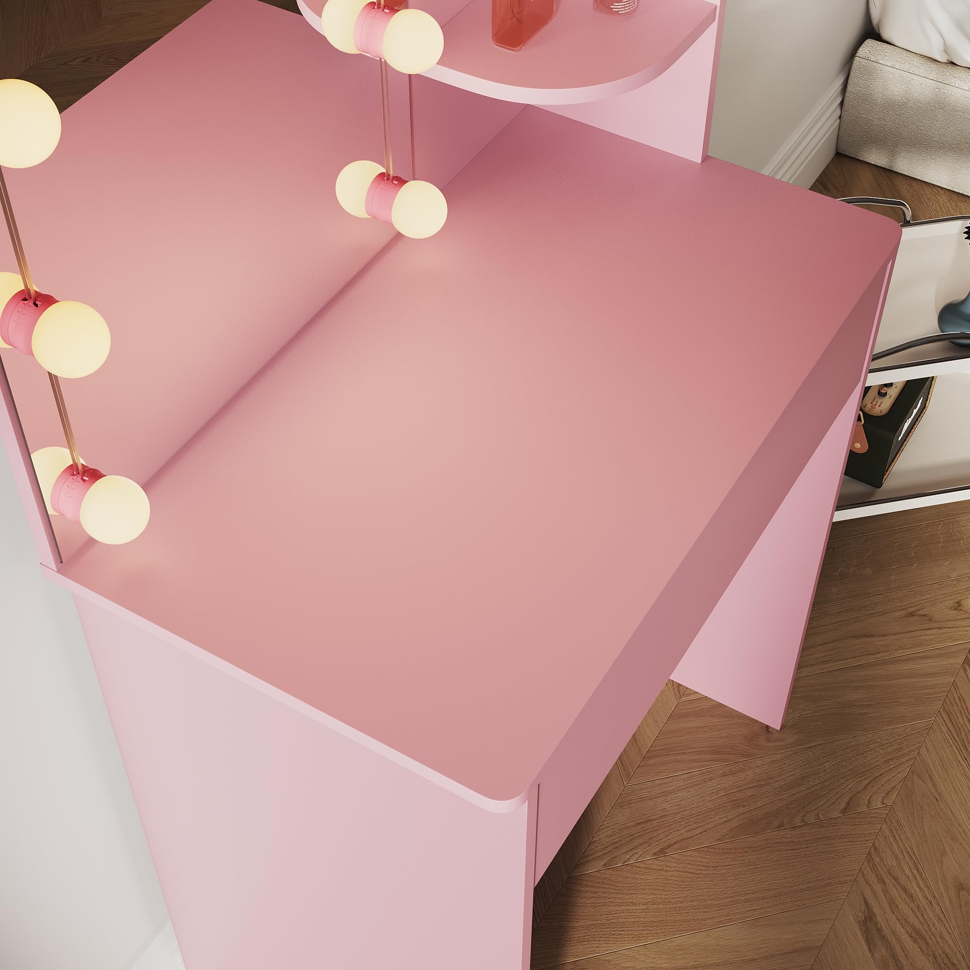 SIRHONA Tavolo da trucco con specchio a LED con luminosità regolabile, con specchio, 1 cassetti e 2 ripiani, stile moderno, rosa