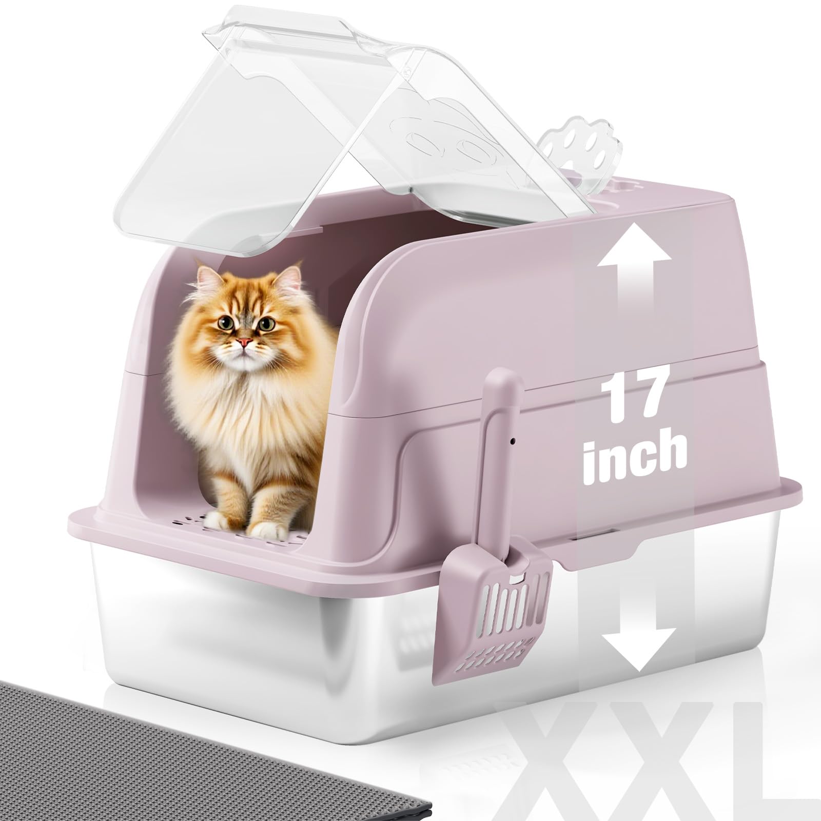 APPKER Edelstahl Katzenklo, XXL Katzenklo mit Deckel, Leicht zu Reinigen, Katzentoilette mit Hohem Rand aus Metall, 120° Vollständig Transparentem Klappdeckel, Schaufel und Matte – Rosa